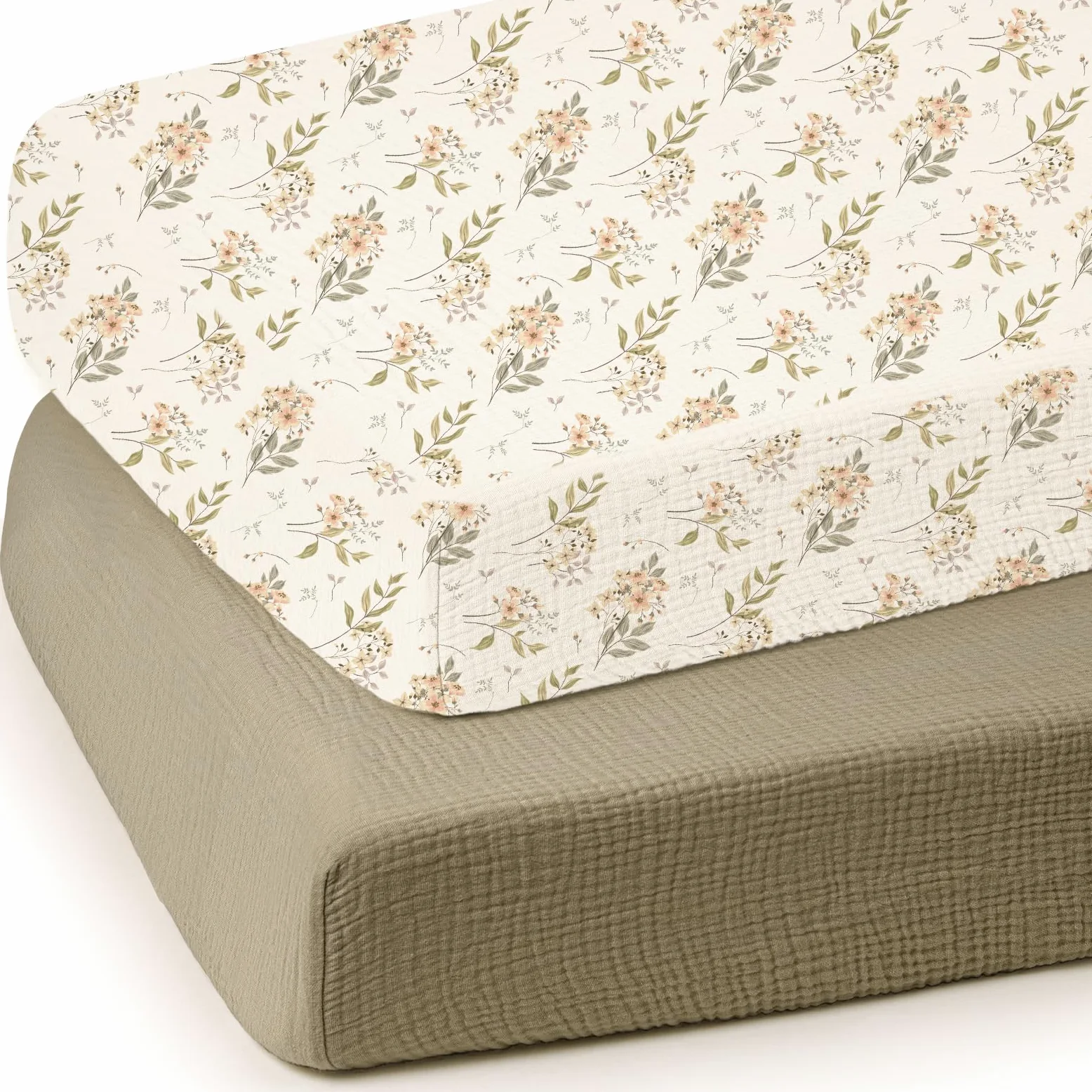 lulumoon Lenzuola per culla con angoli: lenzuola in mussola di cotone morbido per culla standard, motivo floreale verde oliva per ragazze, confezione da 2