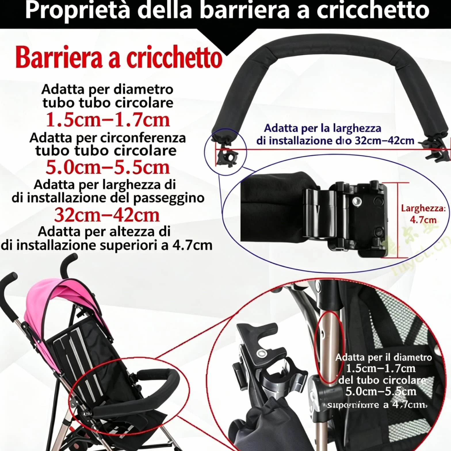 predolo Paracolpi per Passeggini, Barra Di Sicurezza per Passeggino, Barra Di Supporto per Manubrio Resistente Barra per Passeggino per Tubi Tondi in Acciaio Di Diametro 1,5 Cm-1,7 Cm