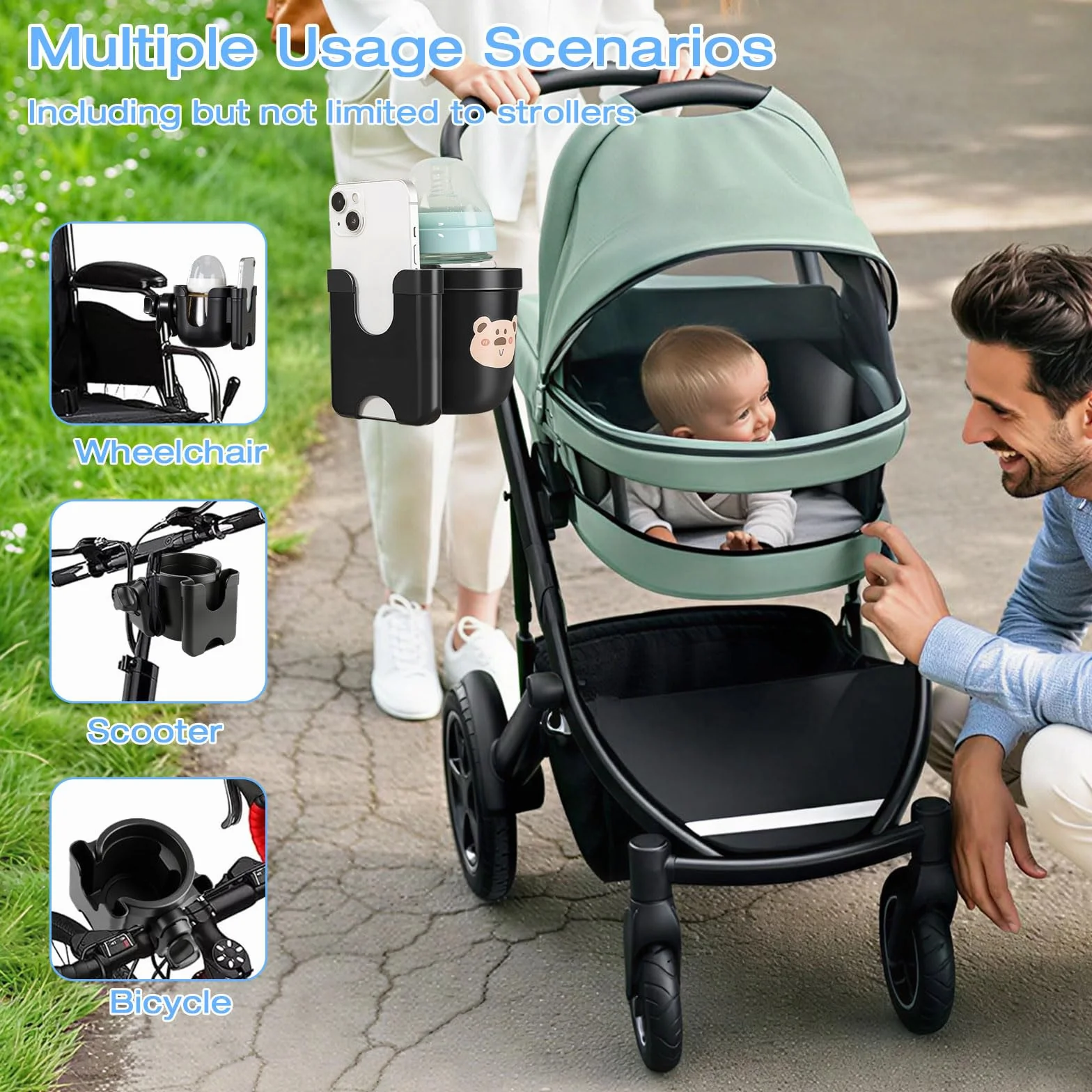 2 in 1 Portabicchieri per Passeggino, Portabicchieri Universale per Passeggino con 2 Ganci per Passeggino,per Bici, Passeggino, Sedia a Rotelle, Deambulatore, Bicicletta