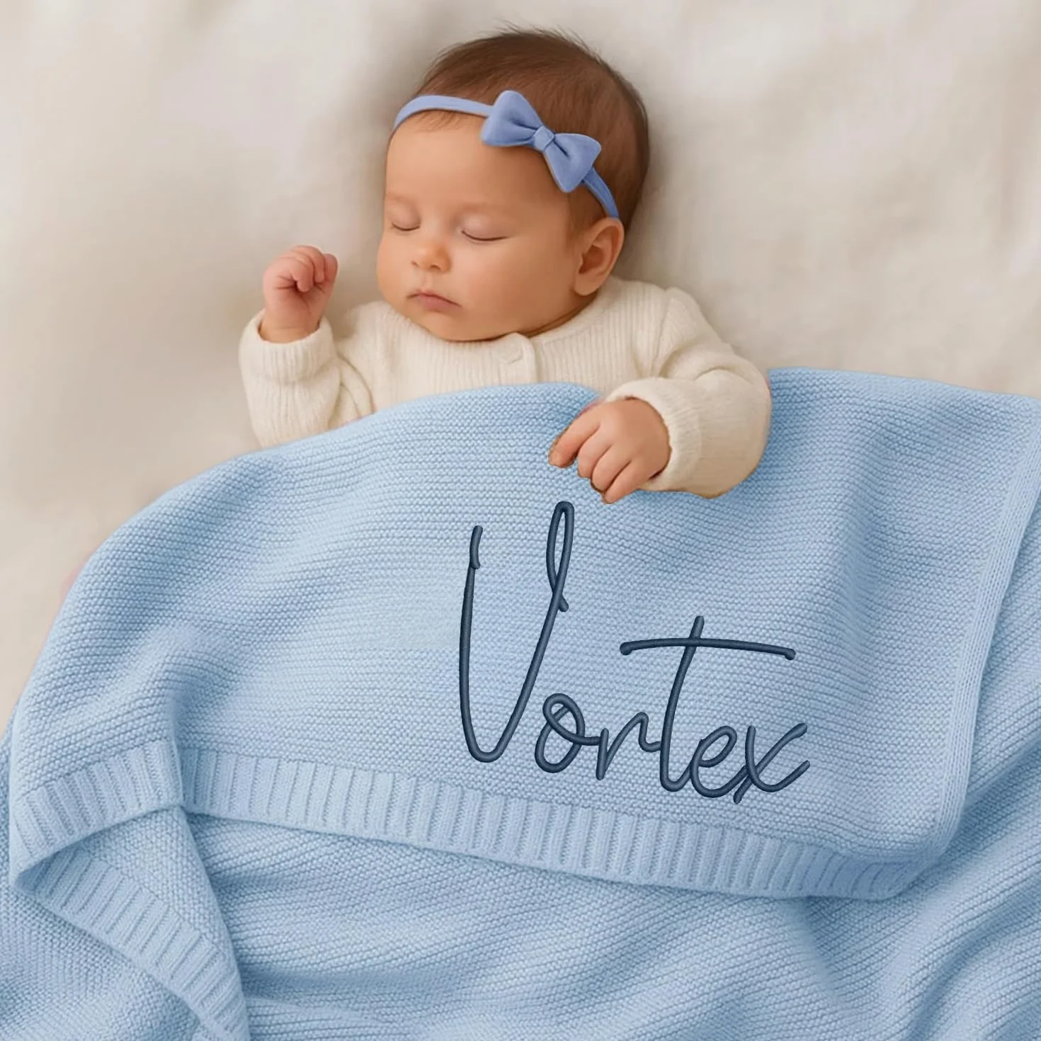 Coperte In Maglia Personalizzate Ricamate Con Nome, Coperta Per Neonati In Cotone Fatta A Mano Su Misura Per Maschio/femmina(Sky blue)