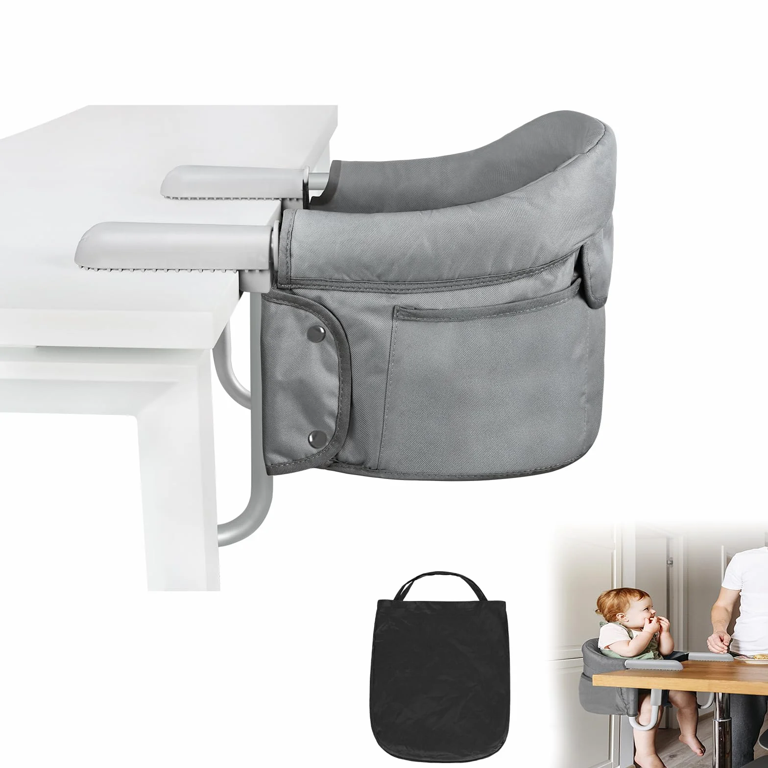 Seggiolino da tavolo per bambini, sedia da viaggio portatile, per la casa e in viaggio, con morsetti antiscivolo e borsa per la seduta, colore: grigio
