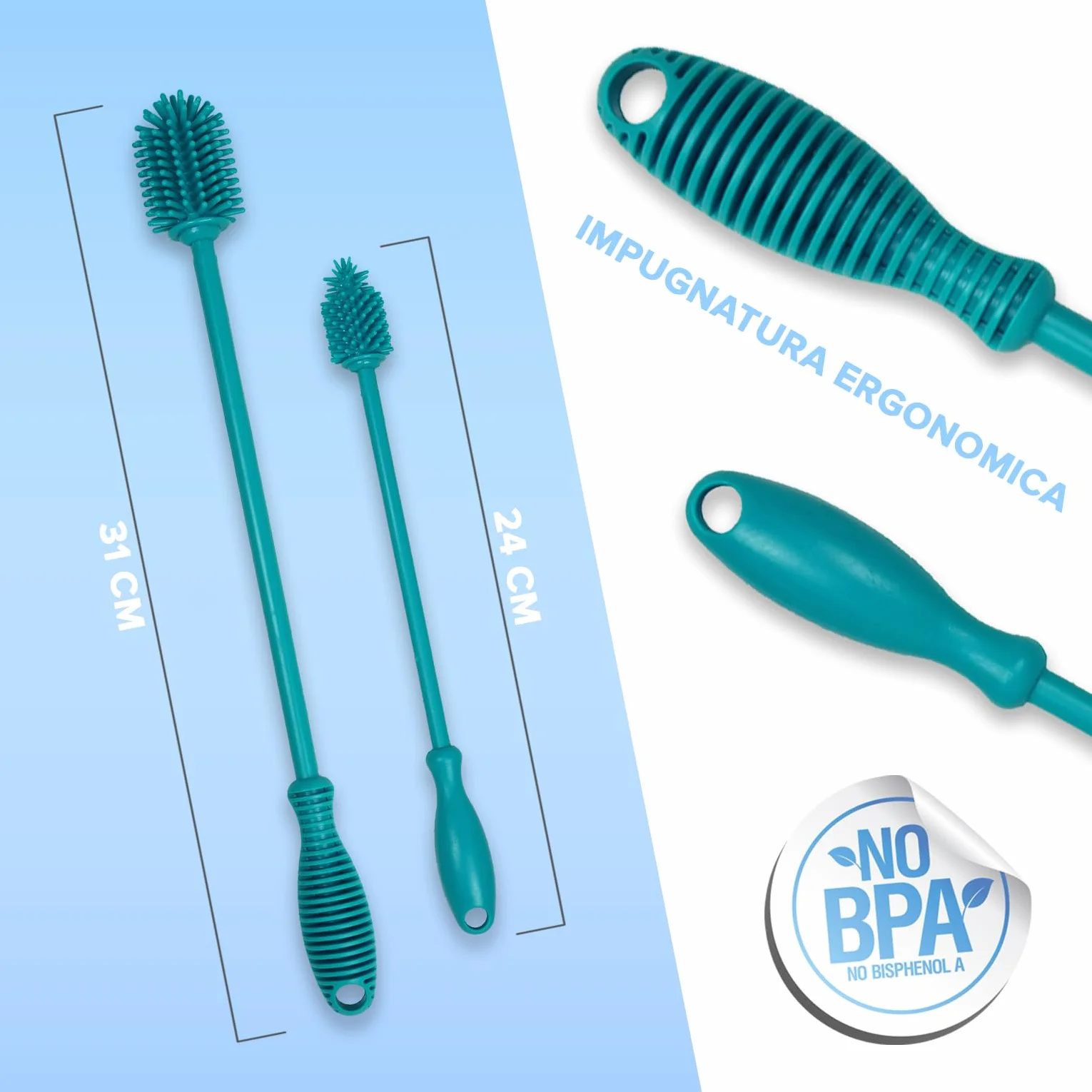 JAWAonline Set di spazzole per lavello 32 cm e 24 cm - Spazzola per bottiglie in silicone delicato e senza graffi - Spazzola flessibile per la pulizia delle bottiglie