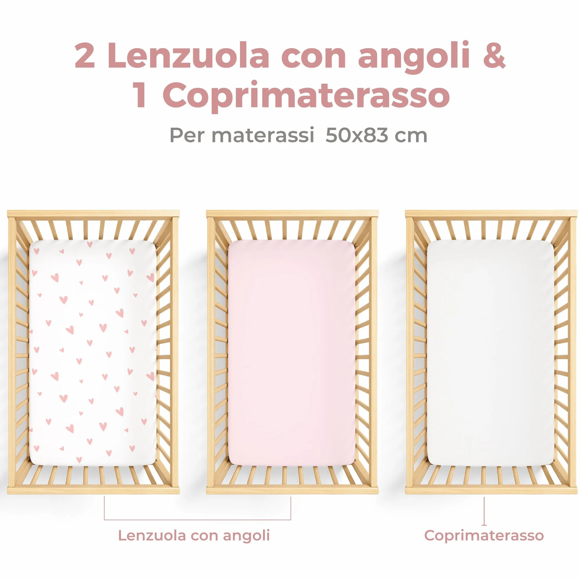 Dreamzie 2 Lenzuola culla Neonato + 1 Coprimaterasso Impermeabile Lettino con Elastico - 100% Cotone Per Culla Co-sleeping, Lettino - 50x83 cm Heart