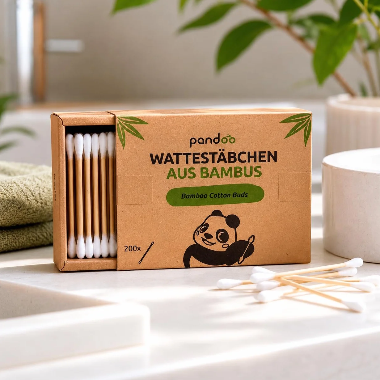 pandoo Cotton Fioc di Bambù | Bastoncini Cotonati Fatti di Bambù da Coltivazione Bio | Versatili, Ecocompatibili e Compostabili | Bastoncini per la Pulizia delle Orecchie | Confezione da 800, 7,5 cm