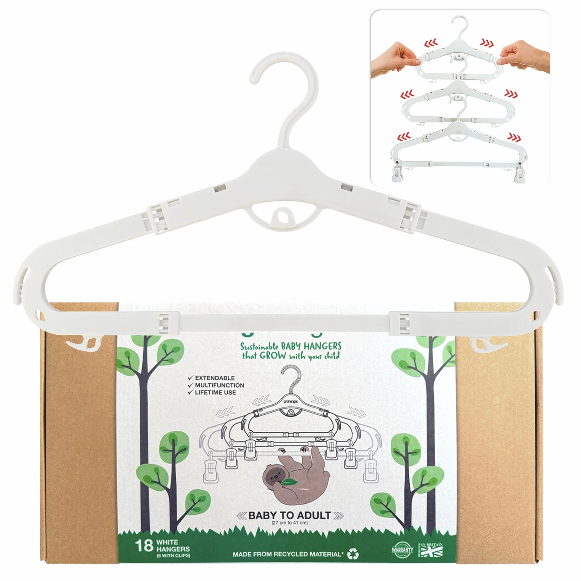 Grohanger Grucce estensibili salvaspazio per bambini, con clip, 18 grucce bianche per bambini, 12 clip rimovibili, barra per pantaloni da neonato a adulto, grucce per neonati per adulti.