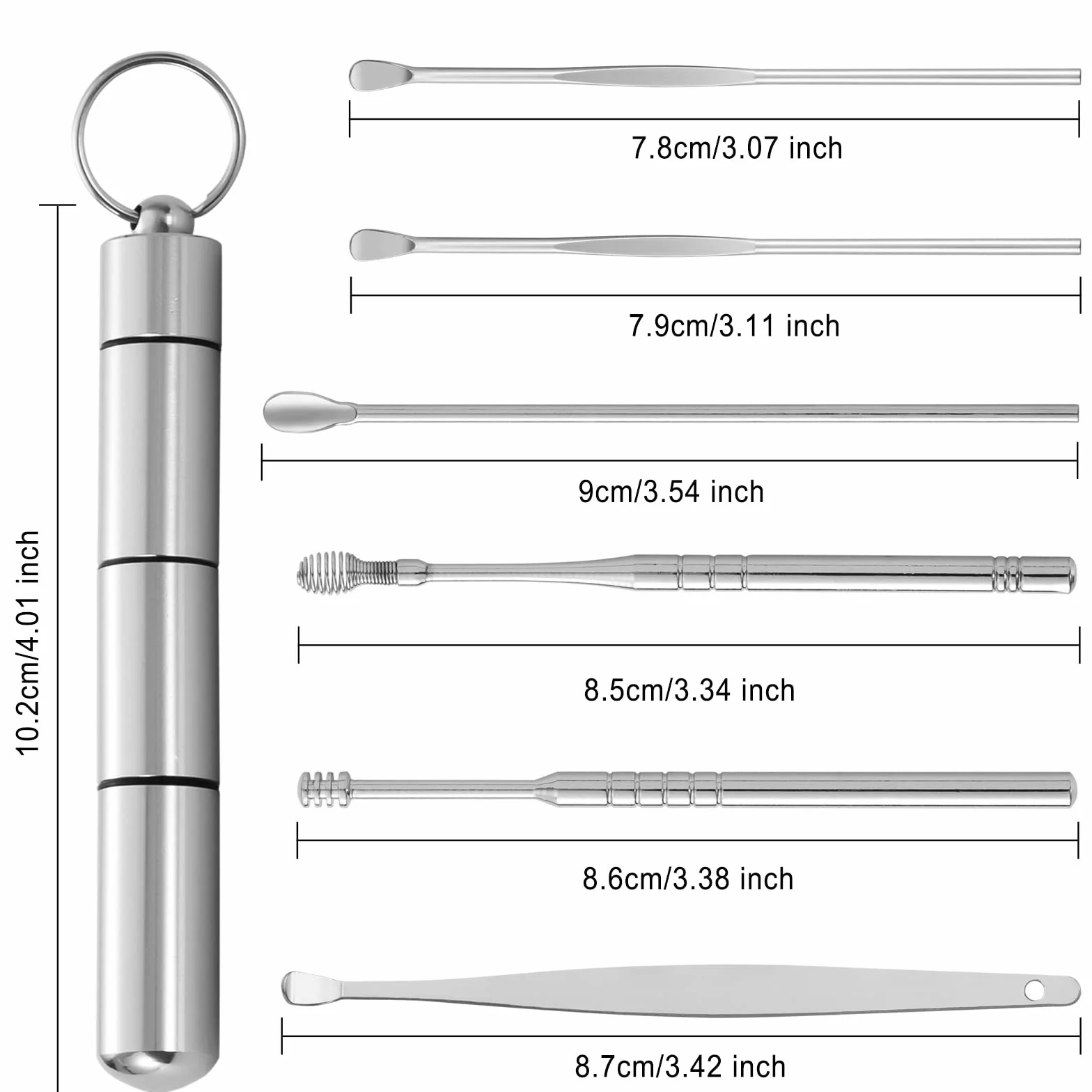 Cucchiaio per Orecchie Kit di Rimozione del Cerume Pulisci Orecchie in Acciaio Inossidabile con Scatola Portatile Argento 6 Pezzi