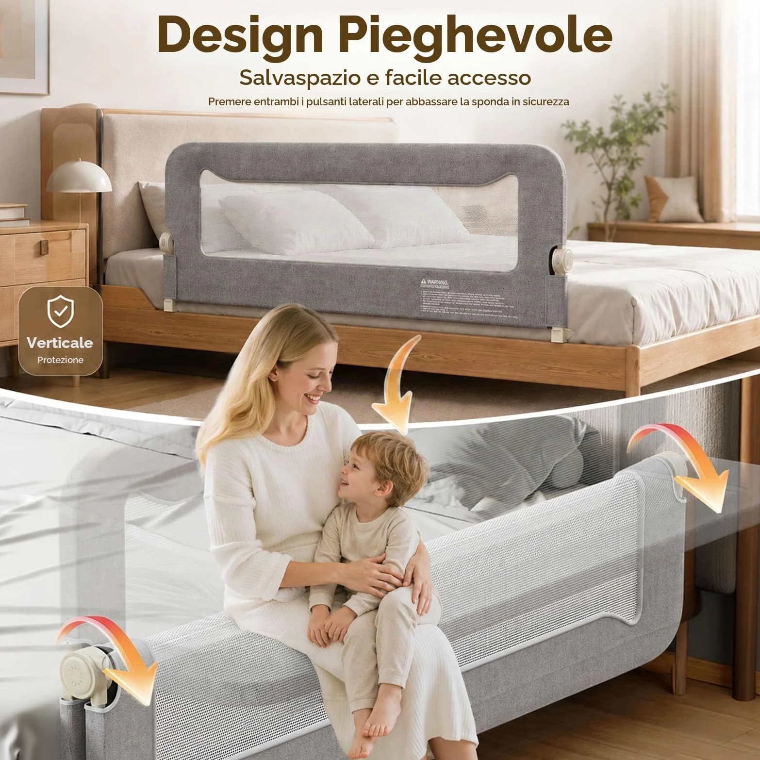 Spondina letto Bambini 150cm, anti-caduta pieghevole Sponde letto Bambini | Sbarra di sicurezza adatta a materassi 10-30cm, mesh traspirante e lavabile, montaggio senza attrezzi