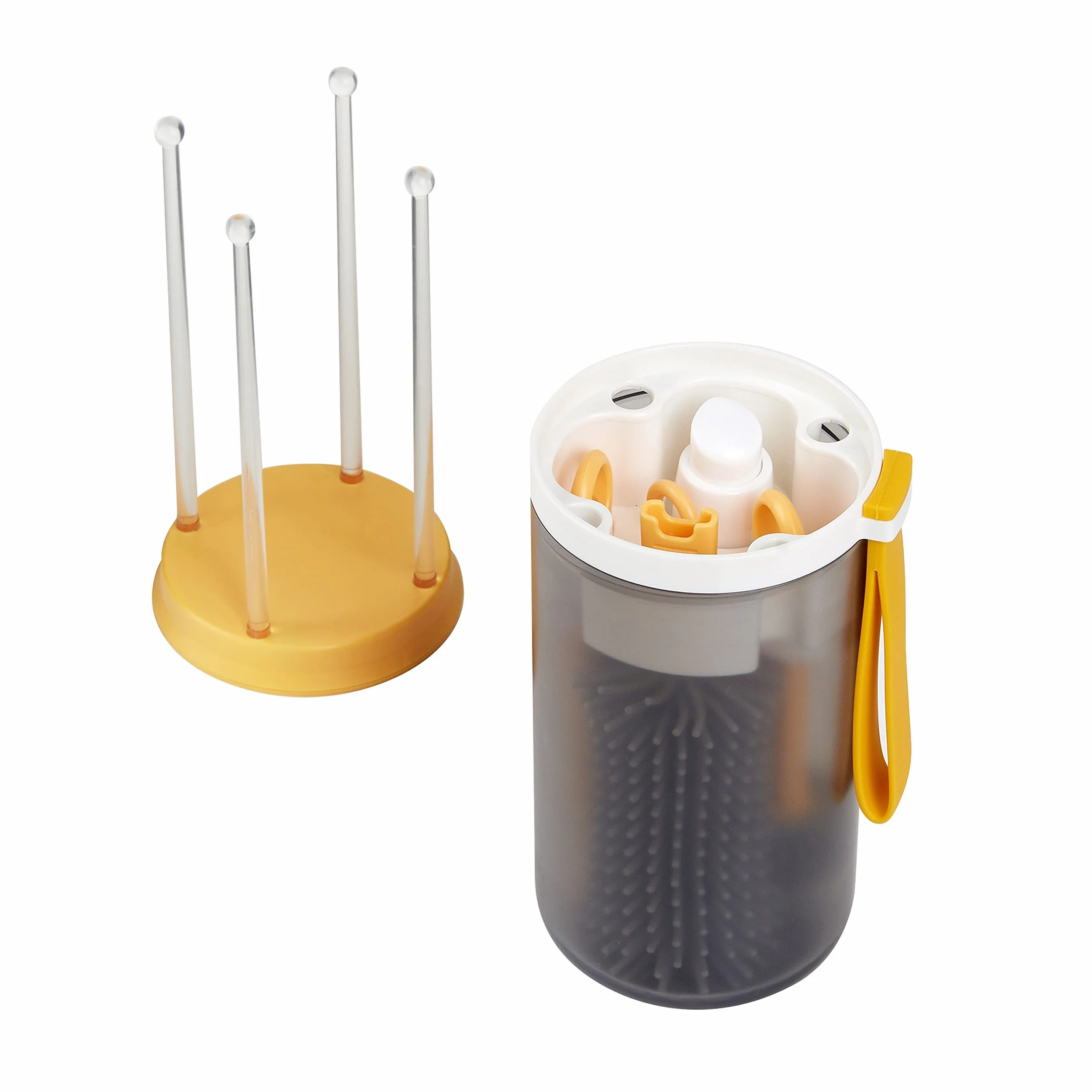 Kit di pulizia e asciugatura per bottiglie/tazze senza BPA. Regalo per neonati o nuovi genitori. Spazzola in silicone, vaschetta raccogli gocce/asciugabottiglie durante i viaggi/casa/aereo. Giallo