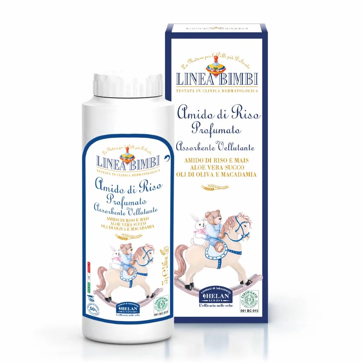 Helan, Linea Bimbi Bio, Amido di Riso Bagnetto Neonato, Talco Profumato in Polvere per Bambini e Neonati - Rinfrescante, Idratante, Lenitivo - Contro Arrossamenti e Irritazioni, con Aloe Vera - 75 g