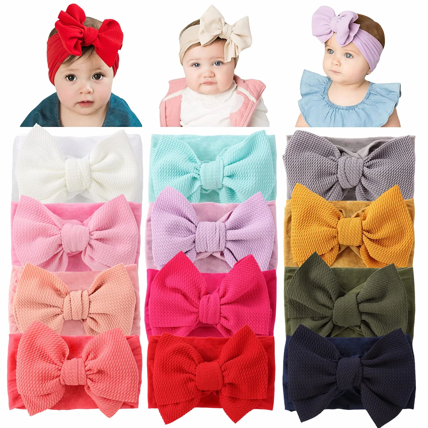 Cinaci Confezione da 12 Fasce per Capelli in Nylon Super Elastico con Fiocco Grande Accessori per Capelli Fasce per Neonate Neonati Bambini Bambini