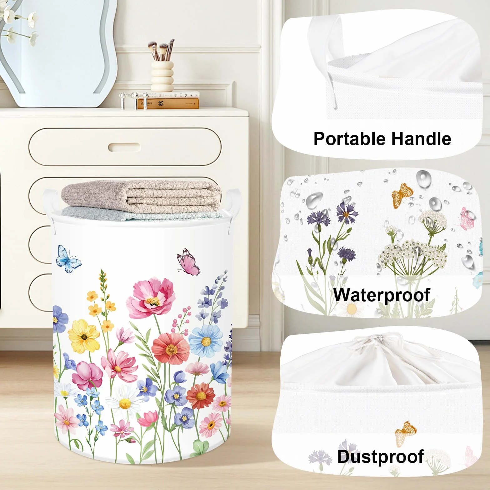 Cesto per la Biancheria Grande con Fiori, Bellissimo Cesto di Stoffa per la Primavera, Contenitore per Vestiti e Giocattoli per Uso Domestico, Rosa-Viola, 63L