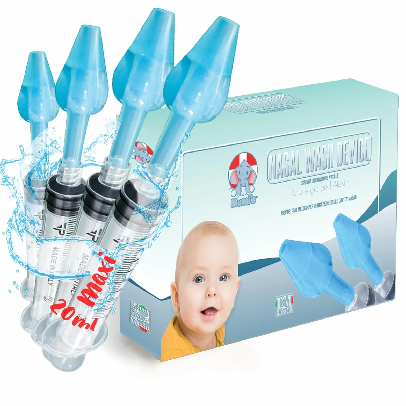 Mumi's 4 olive per lavaggi nasali 4 siringhe maxi 20ml per lavaggi nasali bambini e adulti dispositivo medico CE (4 siringhe 4 olive)