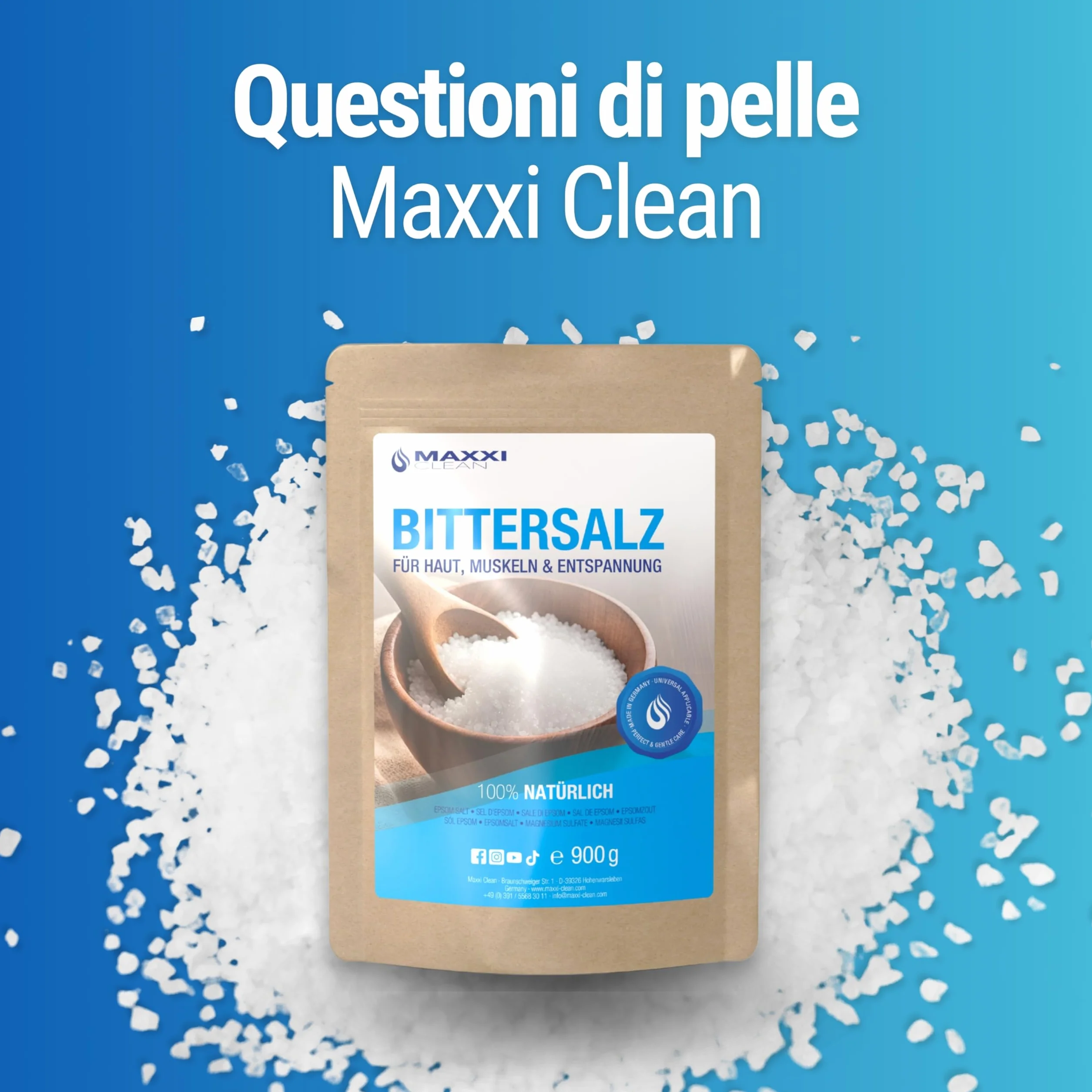 Maxxi Clean | 900 g di sale Epsom altamente puro | Sale da bagno per benessere e peeling del corpo | Solfato di magnesio per muscoli, pelle e anima | Magnesio adatto alla cura del giardino