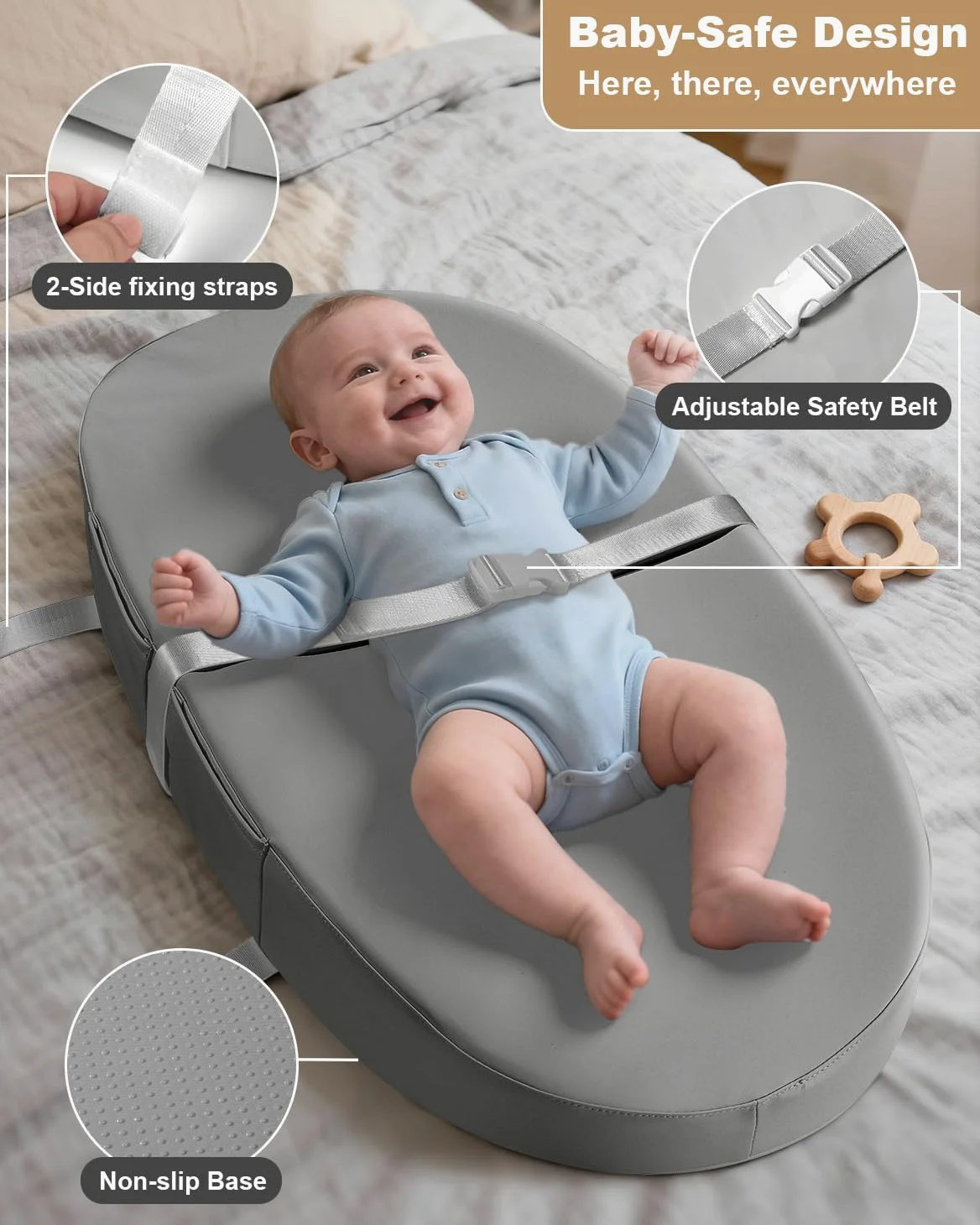 Fasciatoio con copertura in poliuretano lavabile e impermeabile, 80 x 40 x 10 cm, tappetino fasciatoio per comò con cintura di sicurezza anti-rotolamento e antiscivolo, portatile, leggero