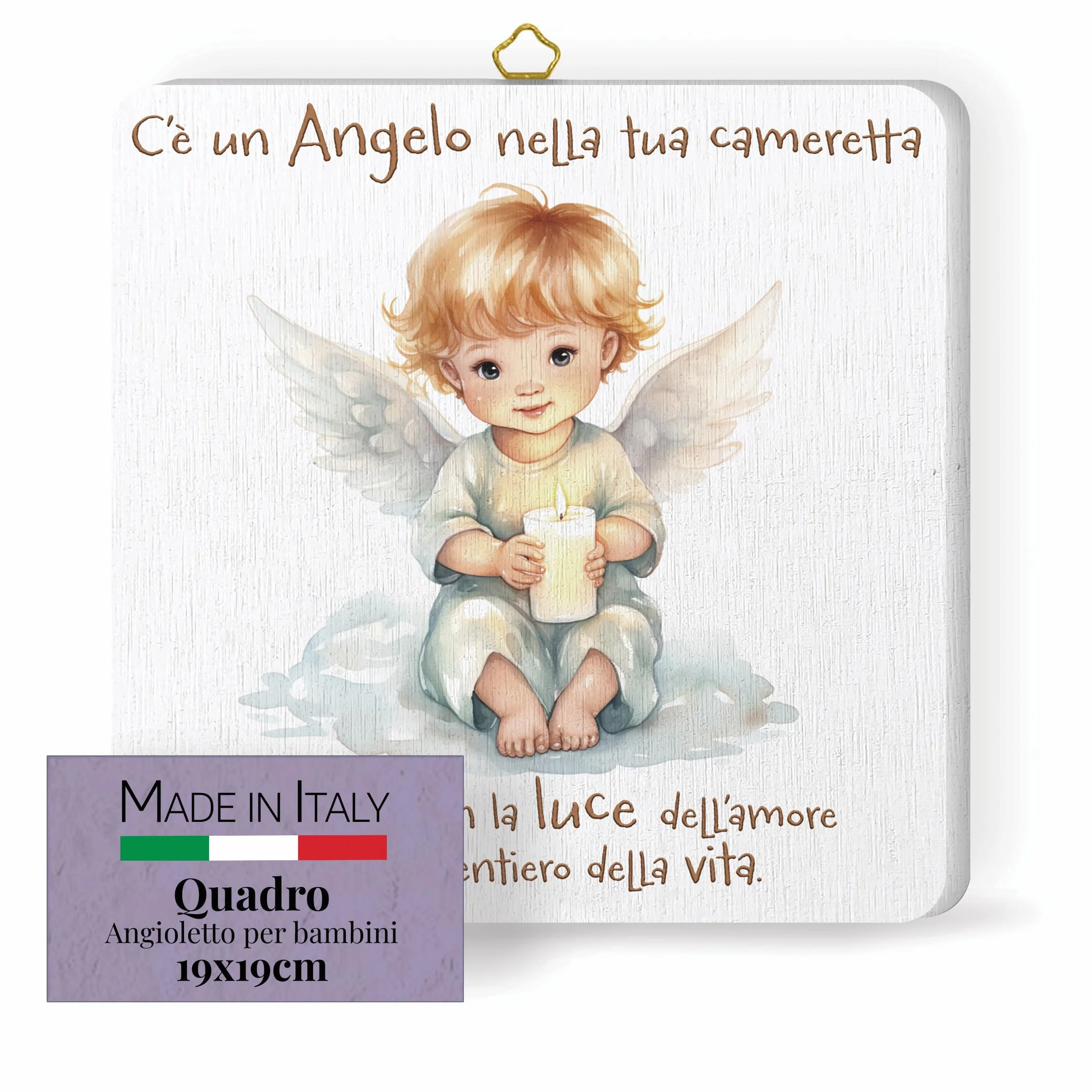 FRATELLI BONELLA - Quadro Angioletto con Candela per Bambini - Quadro in Legno 19x19 cm con Scatola Regalo - 100% Made in Italy