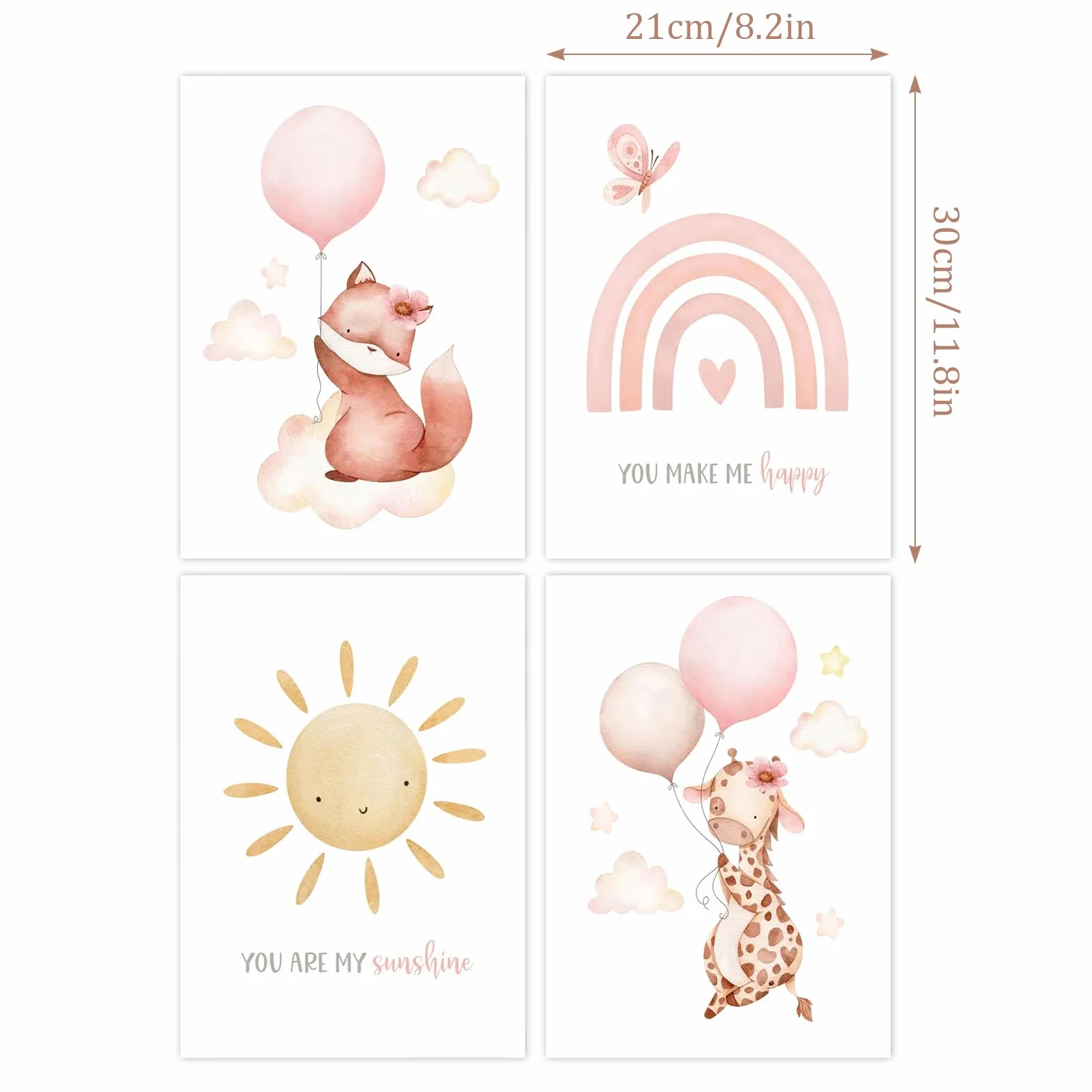 Eclove Set di 4 Poster per Cameretta Bambini - Animali ad Acquerello con Volpe Rosa & Giraffa, Decorazione Murale per Nursery e Cameretta di Bambina, Senza Cornice (21x30 cm A4)
