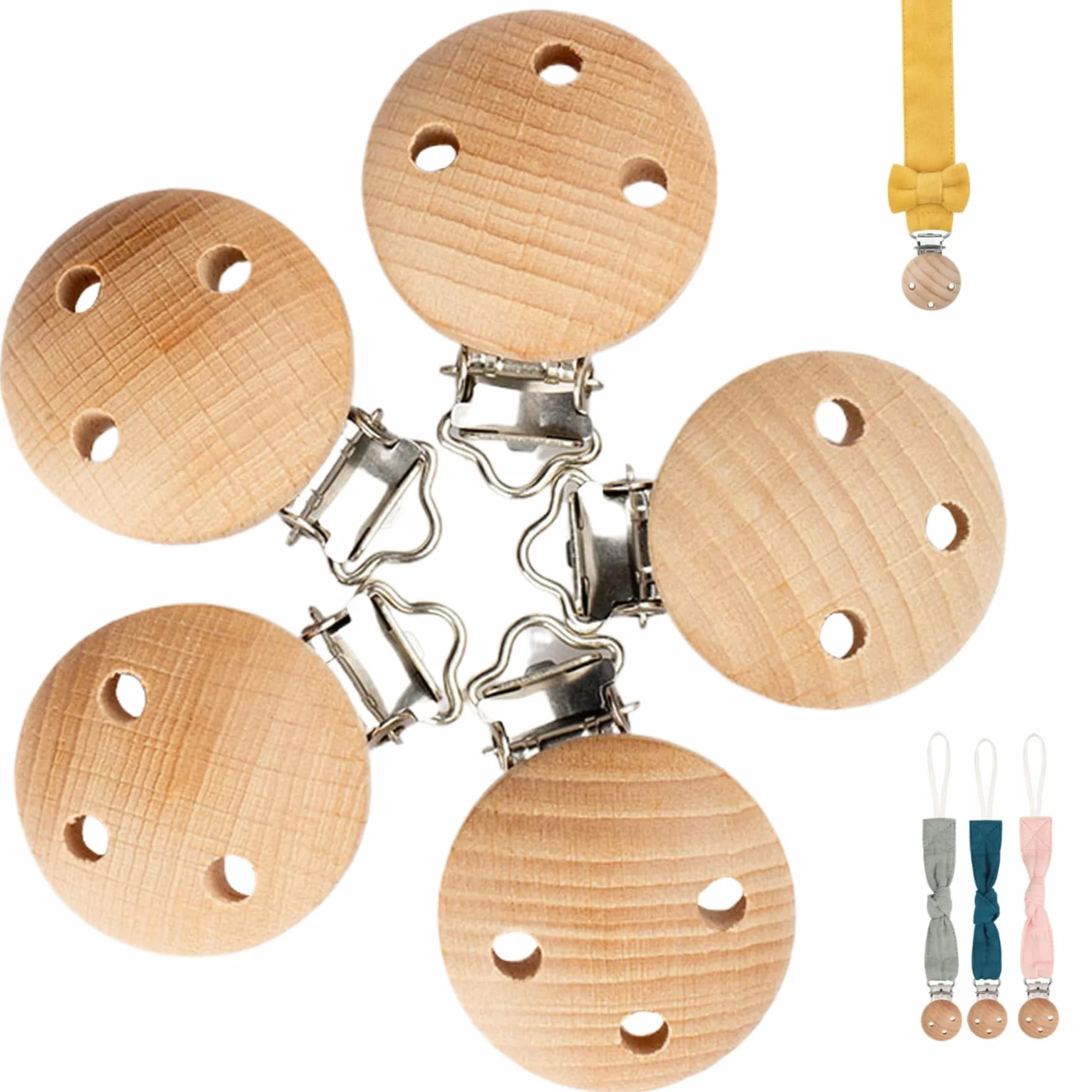 Clip per ciuccio in legno da 5 pezzi da 1, 2 pollici di diametro per ragazzi e ragazze, porta ciuccio portatile facile da usare e pulire con fori per giocattolo massaggiagengive, clip per bambini