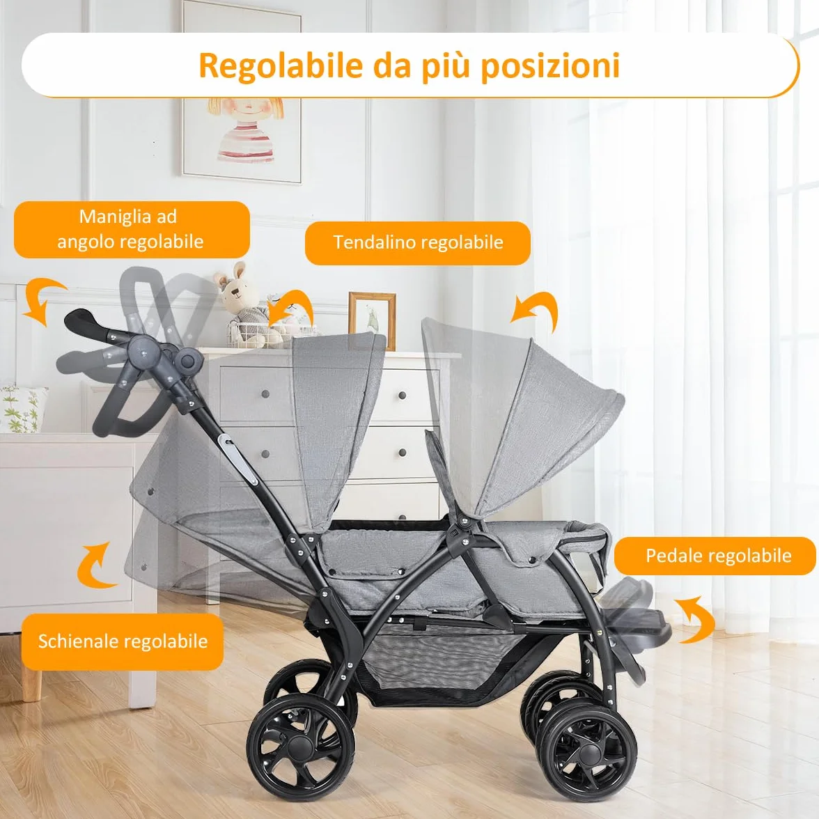 GYMAX Passeggino Gemellare Doppio/Fratelli di Età Diverse, Pieghevole Leggero, Tendalino/Schienale Regolabili, Portata di 15kg+15kg (Grigio, Verticale)