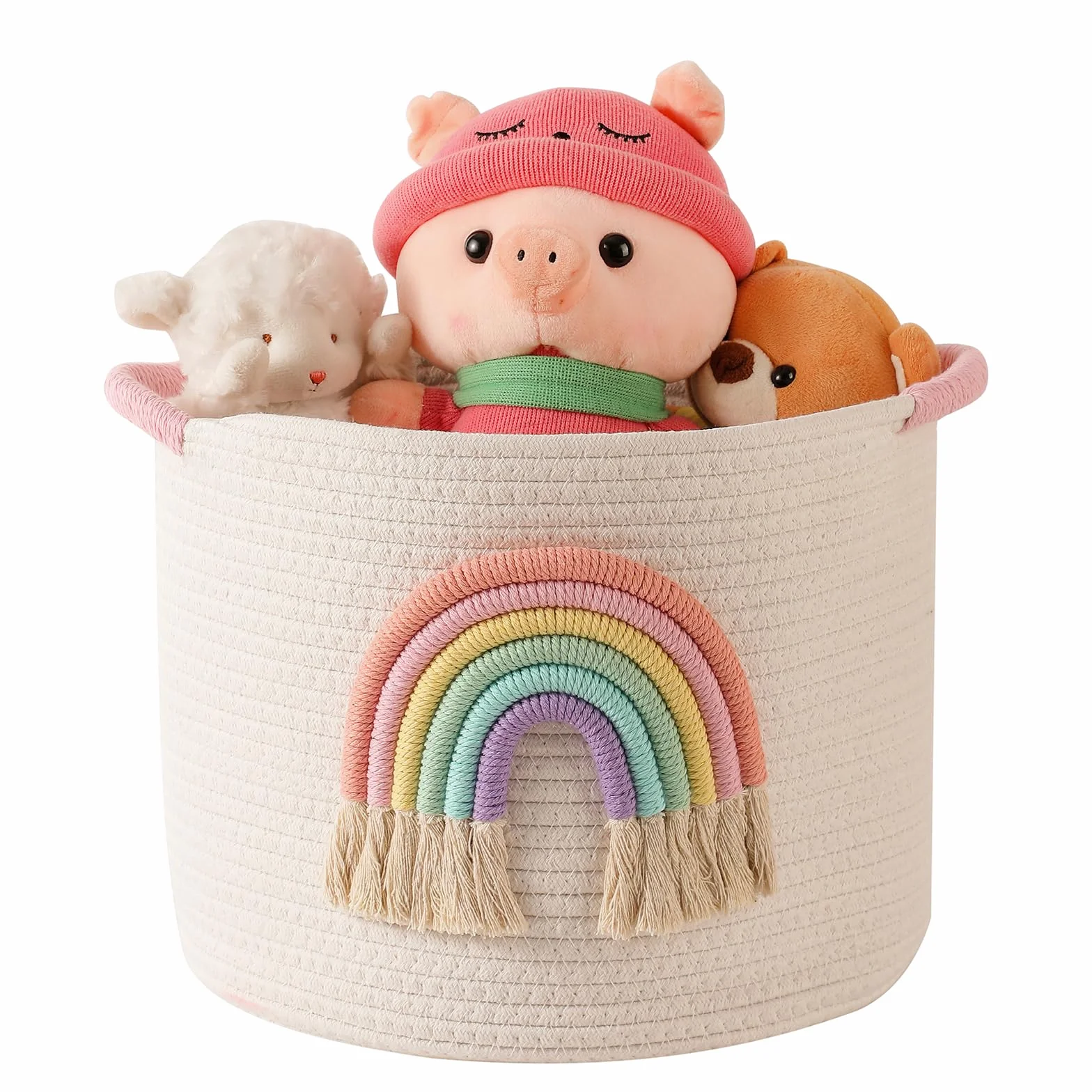 Cestini di immagazzinaggio dei giocattoli, cesto di stoccaggio in corda di cotone tessuto con decorazione arcobaleno per bambini, cestini per coperte, organizer per giocattoli, cestino arcobaleno per