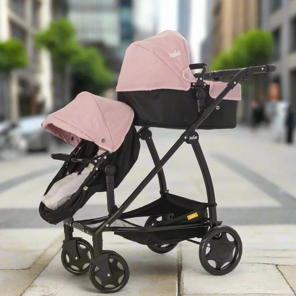 Joie Junior Evalite Twin Passeggino doppio rosa e nero, carrozzina doppia per bambole con maniglia regolabile in altezza e diverse opzioni di seduta, adatto per bambini dai 3 anni in su