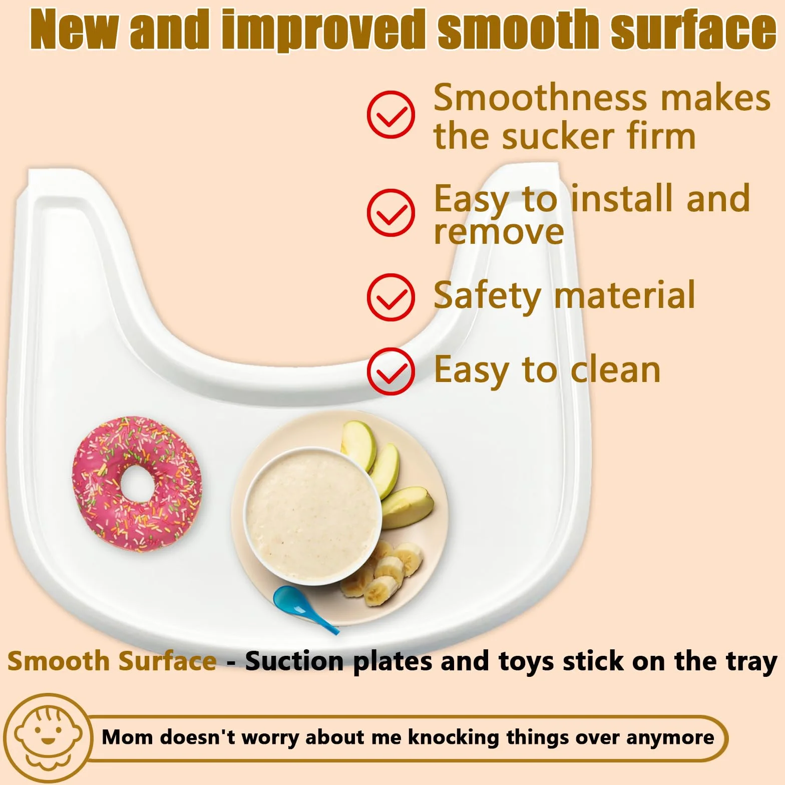 Vassoio per seggiolone compatibile con sedia Stokke Tripp Trapp, con superficie liscia e forte aspirazione, realizzato in plastica per alimenti (senza BPA, BPS, BPF, piombo e ftalati), bianco