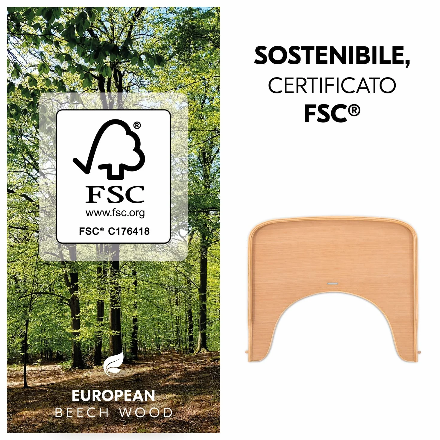 hauck Alpha Wooden Tray, Marrone Naturale - Vassoio in Legno Compatibile con Seggiolone Pappa Alpha+ e Beta+ per Bambini 6-36 Mesi, con Bordo Rialzato e Cert. FSC®