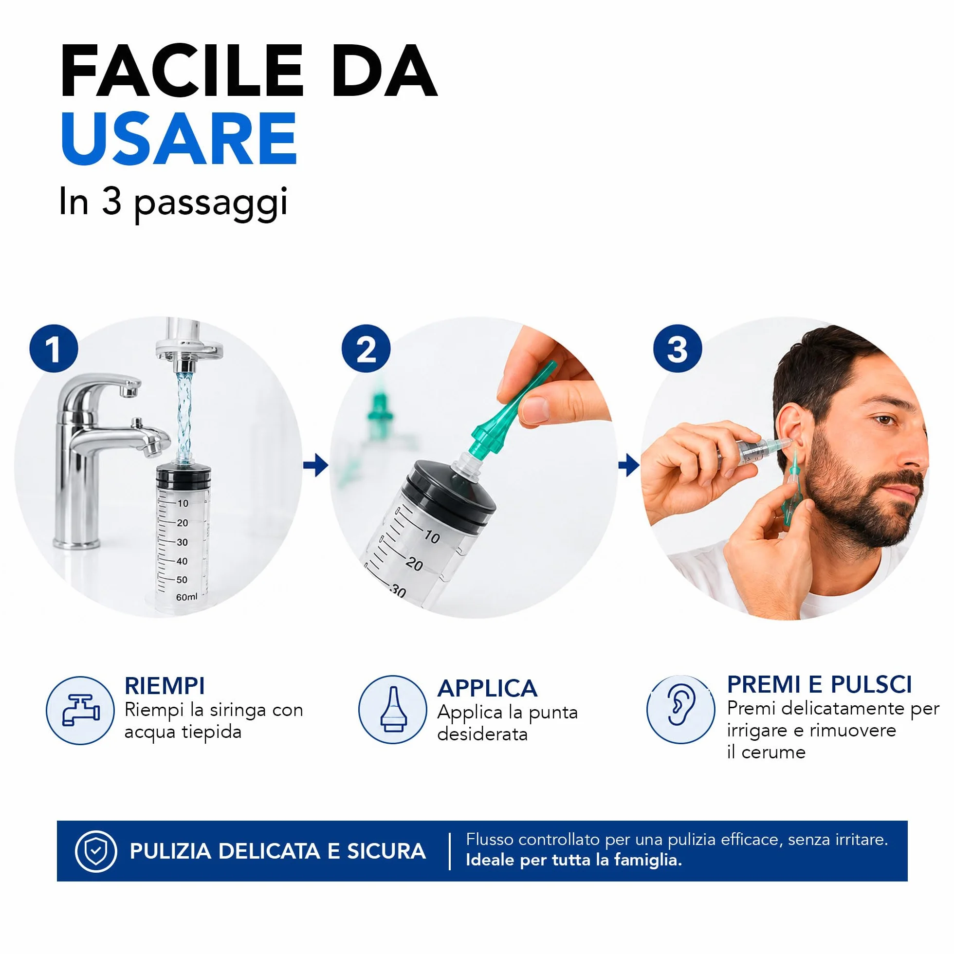 ALL4US® - Kit Pulizia Orecchie con Siringa Auricolare 60 ml, 4 Punte Morbide a Cono, Sistema per Lavaggio Orecchie e Rimozione Cerume, Kit Irrigazione Auricolare per Uso Domestico