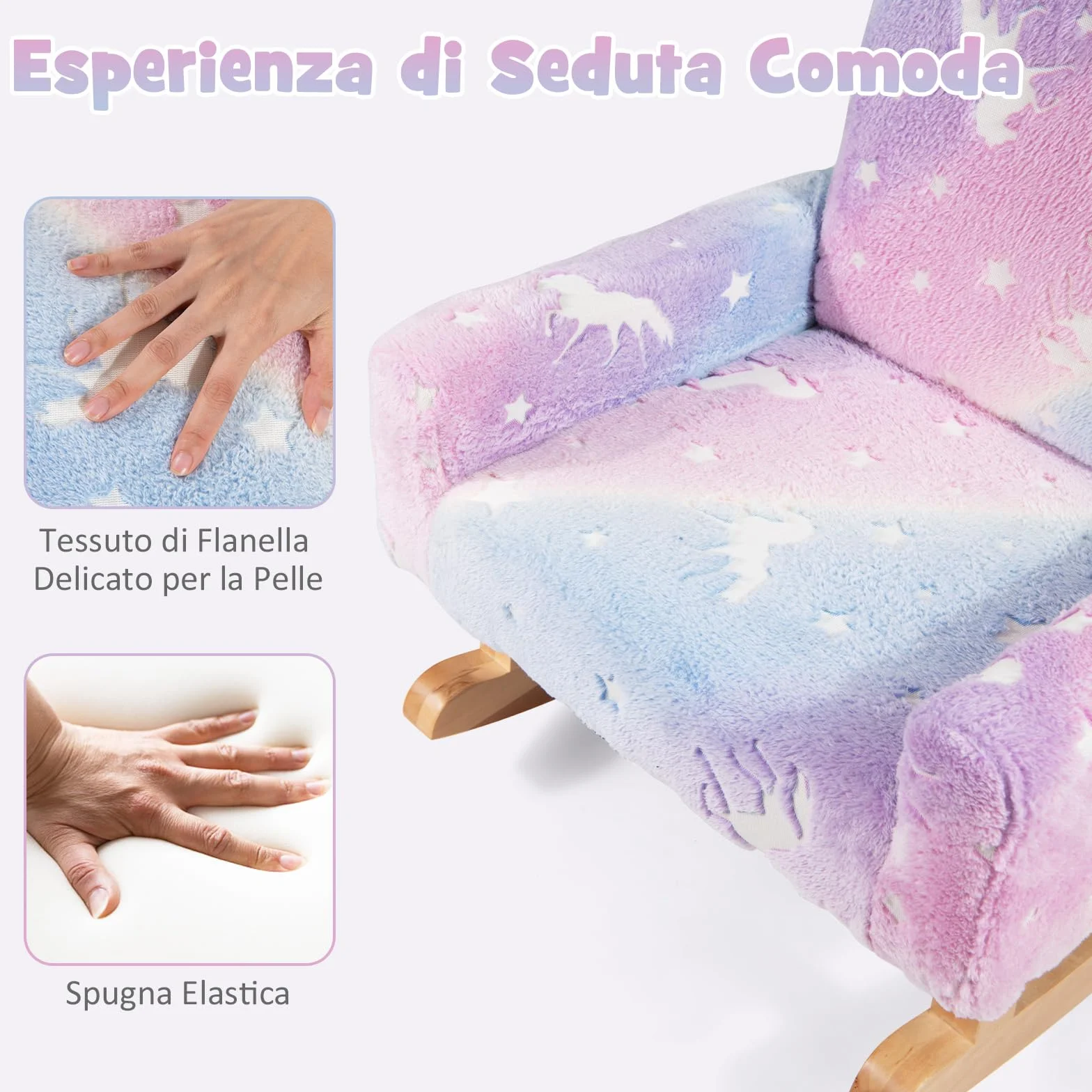 COSTWAY Sedia Dondolo per Bambini da 3 a 5 Anni, Poltrona in Flanella con Piedi a Dondolo in Legno, Motivi che si Illuminano al Buio,56 x 49 x 50 cm, Blu e Viola