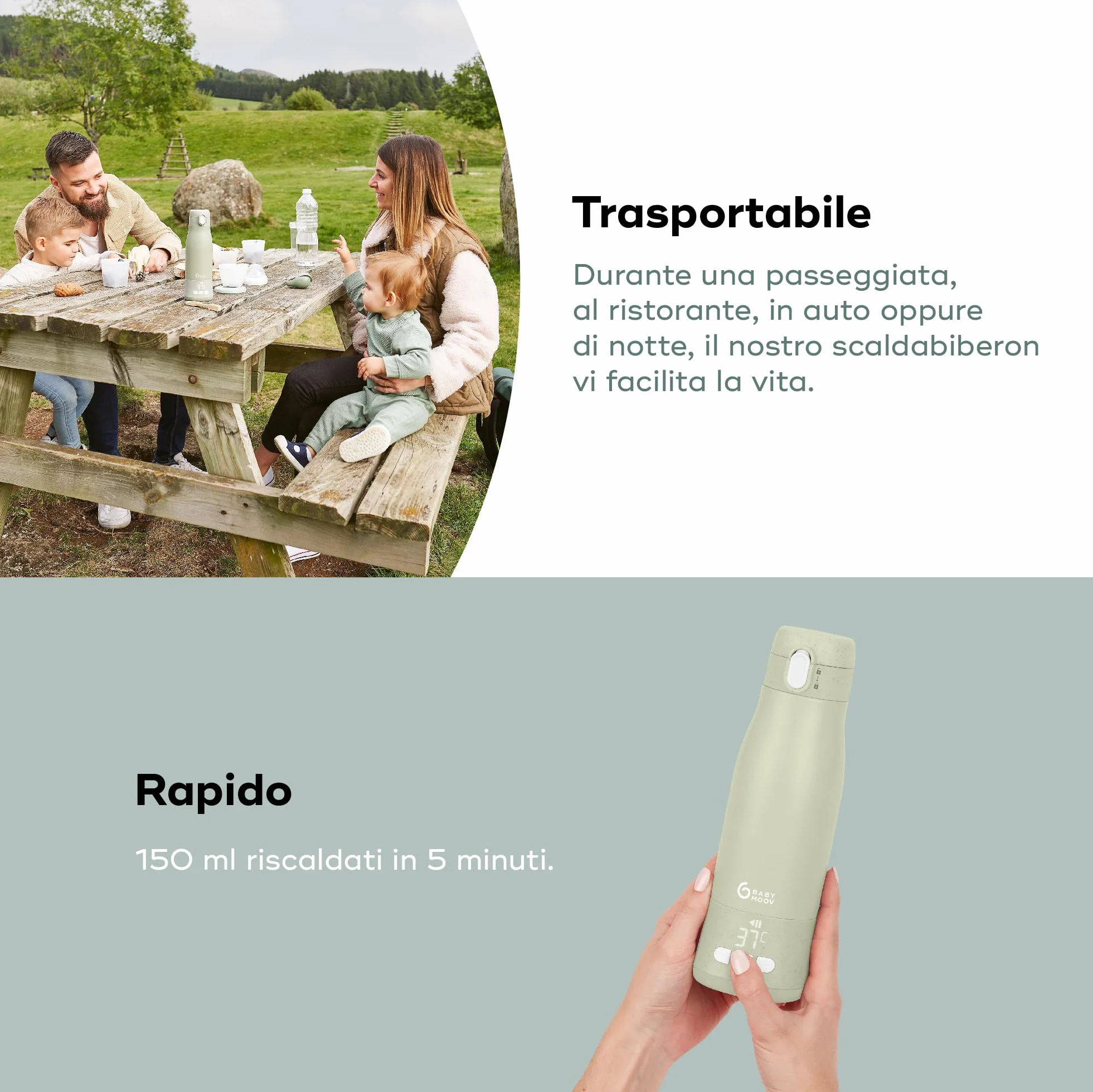 Babymoov Scaldabiberon da Viaggio Senza Filo Moov & Feed, Capacità 340 ml, Acqua o Latte Materno, Temperatura Regolabile, Mantenimento al Caldo (fino a 7 Ore), Ricarica USB, Sage Green
