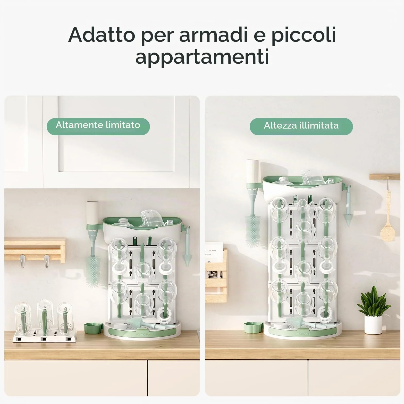 Momcozy Stendibiancheria verticale per biberon, grande capacità, 18 unità, design modulare compatto con portaspazzole integrato, asciugabottiglie per tettarelle, tiralatte e accessori