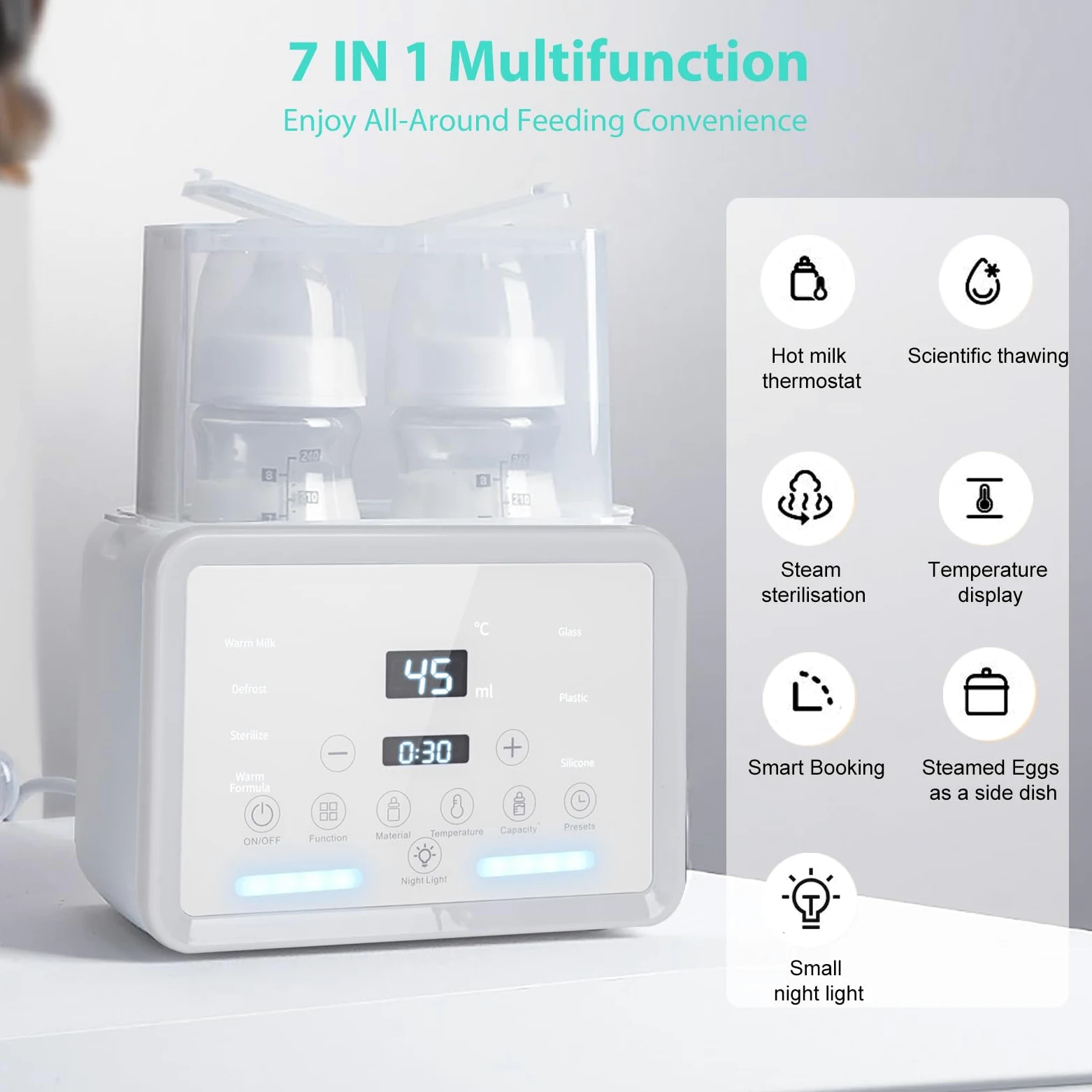 Scaldabagni e sterilizzatori 7 in 1, scaldabiberon riscaldato, con display LCD e controllo preciso della temperatura (bianco)