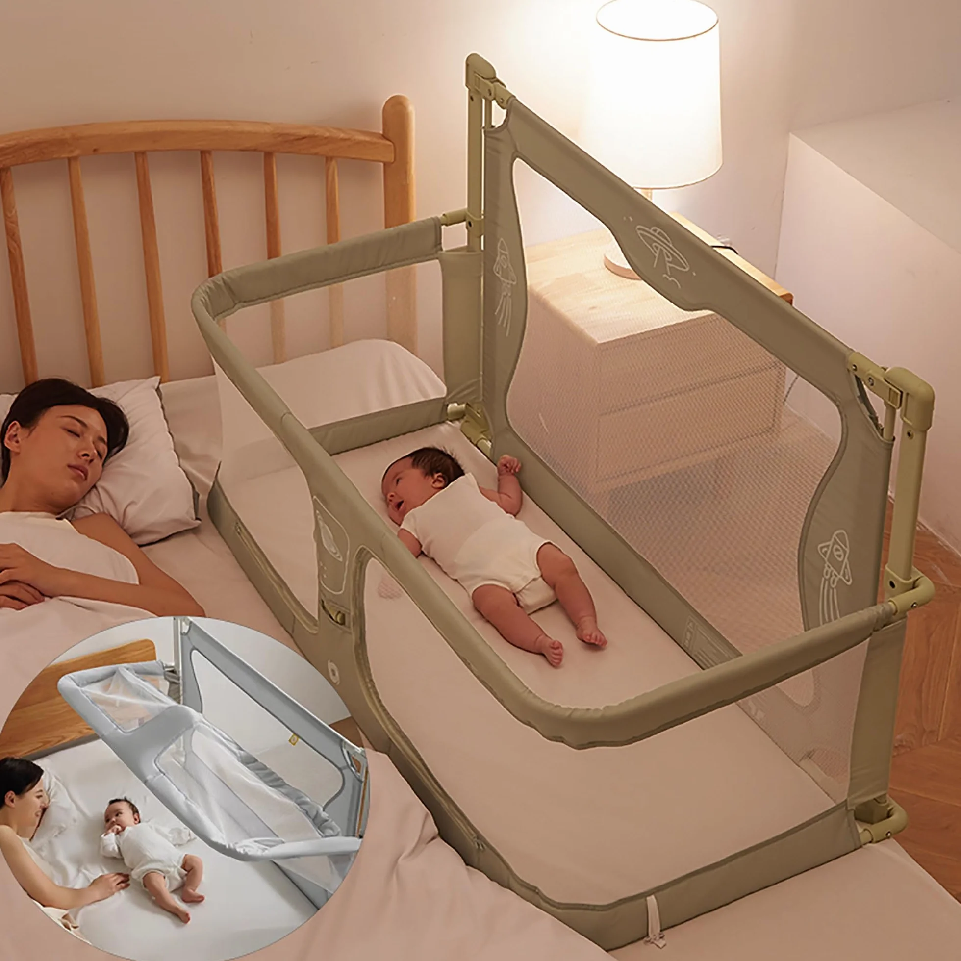 3 in 1 Culla per Neonato Fianco Letto, Culla Nex to Me, culla per Bambini, culla portatile pieghevole, finestra in rete traspirante e visibile, fodera morbida lavabile e robusta lega di alluminio ( Co