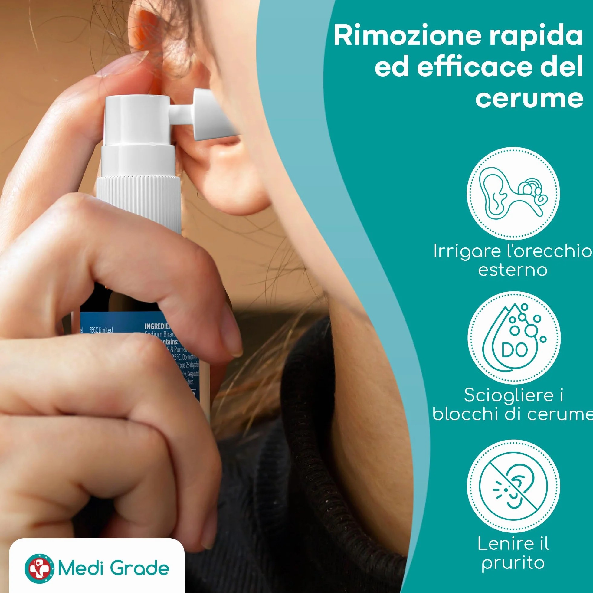 Medi Grade Spray Auricolare per Rimozione del Cerume – Pulizia Orecchie con Bicarbonato di Sodio Naturale per Orecchie Bloccate – 20ml con oltre 50 Spruzzi per Applicazione Facile e Cura Delicata