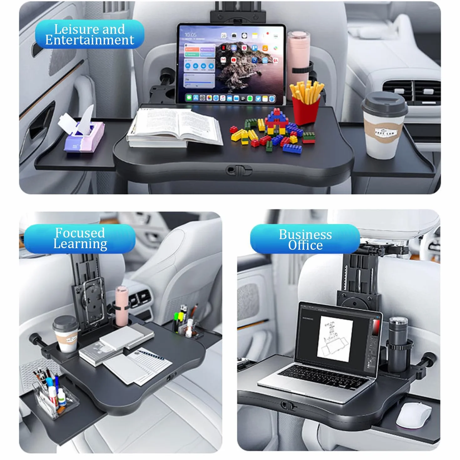 Tavolo Da Pranzo Per Sedile Posteriore Passeggero,Tavolino Per Auto,Vassoio Regolabile Per Auto Con Portabicchieri e Supporto Per Cellulare,Per Bambini,Viaggi,Lavoro,Pasti (Capacità Di Carico 20 Kg)