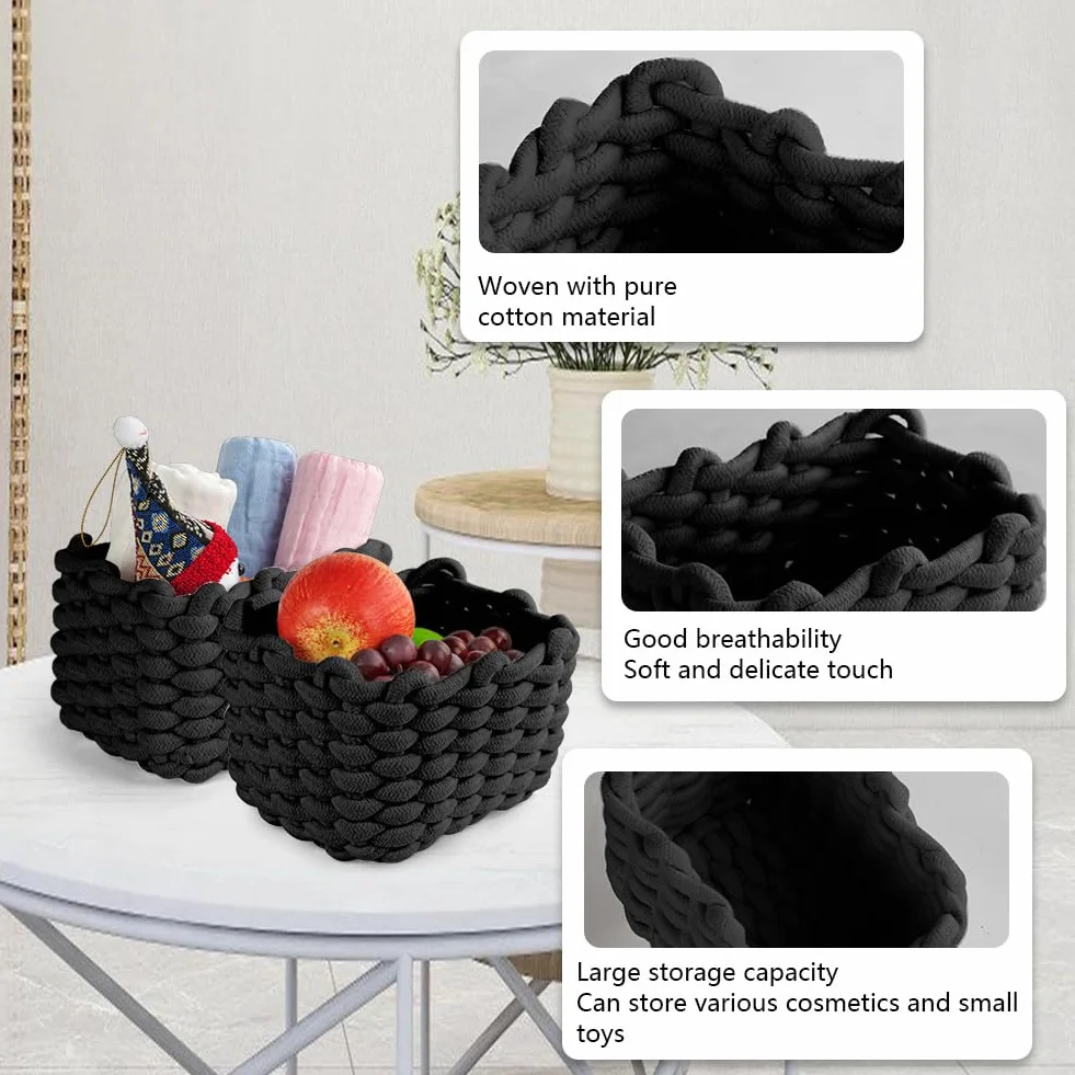 Aolso Cesto Portaoggetti in Corda di Cotone Intrecciato, 2pcs Contenitore Bagno Portaoggettii, Cestino Cameretta,Cestini Decorativi Quadrati per Portaoggetti per Trucchi,Giocattoli, Calzini, Nero