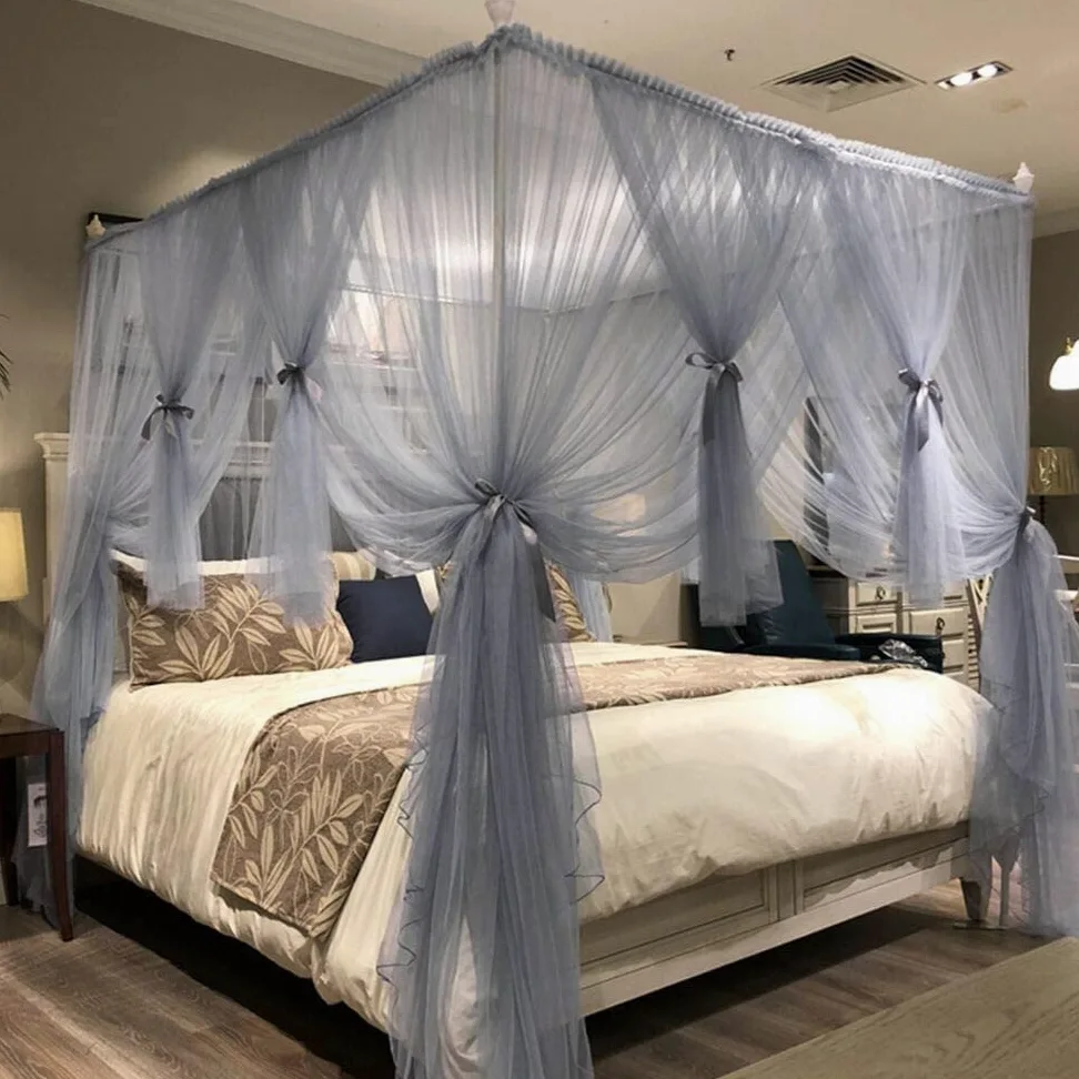 Lussuosa tenda a baldacchino grigia a 4 angoli, 2 x 2,2 x 2 m, elegante zanzariera per letti dei bambini, decorazione per camera da letto, aggiunge privacy e stile