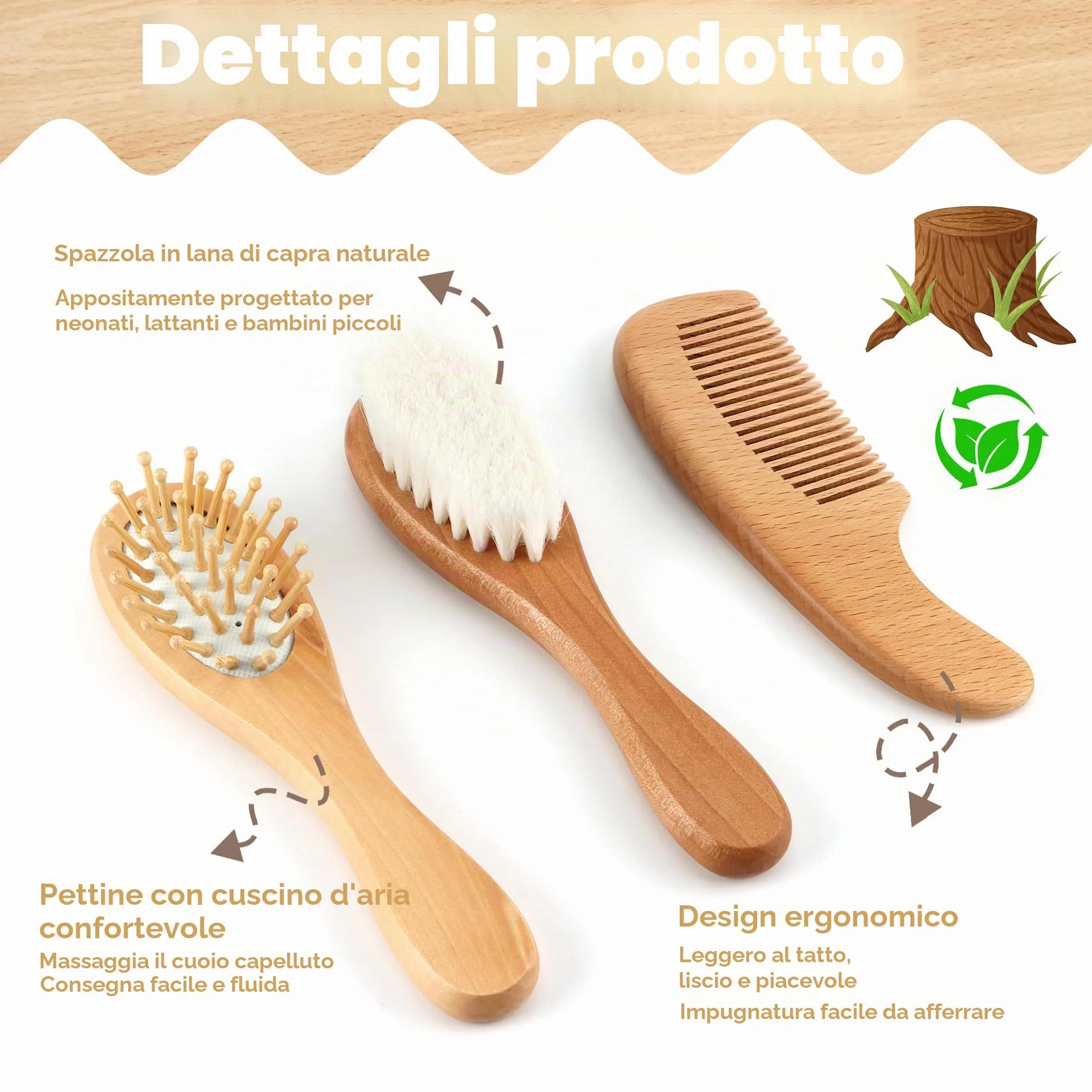 Set di pettini per bambini, in legno naturale, con setole morbide di capra, per neonati, cura del cuoio capelluto, accessori per bambini