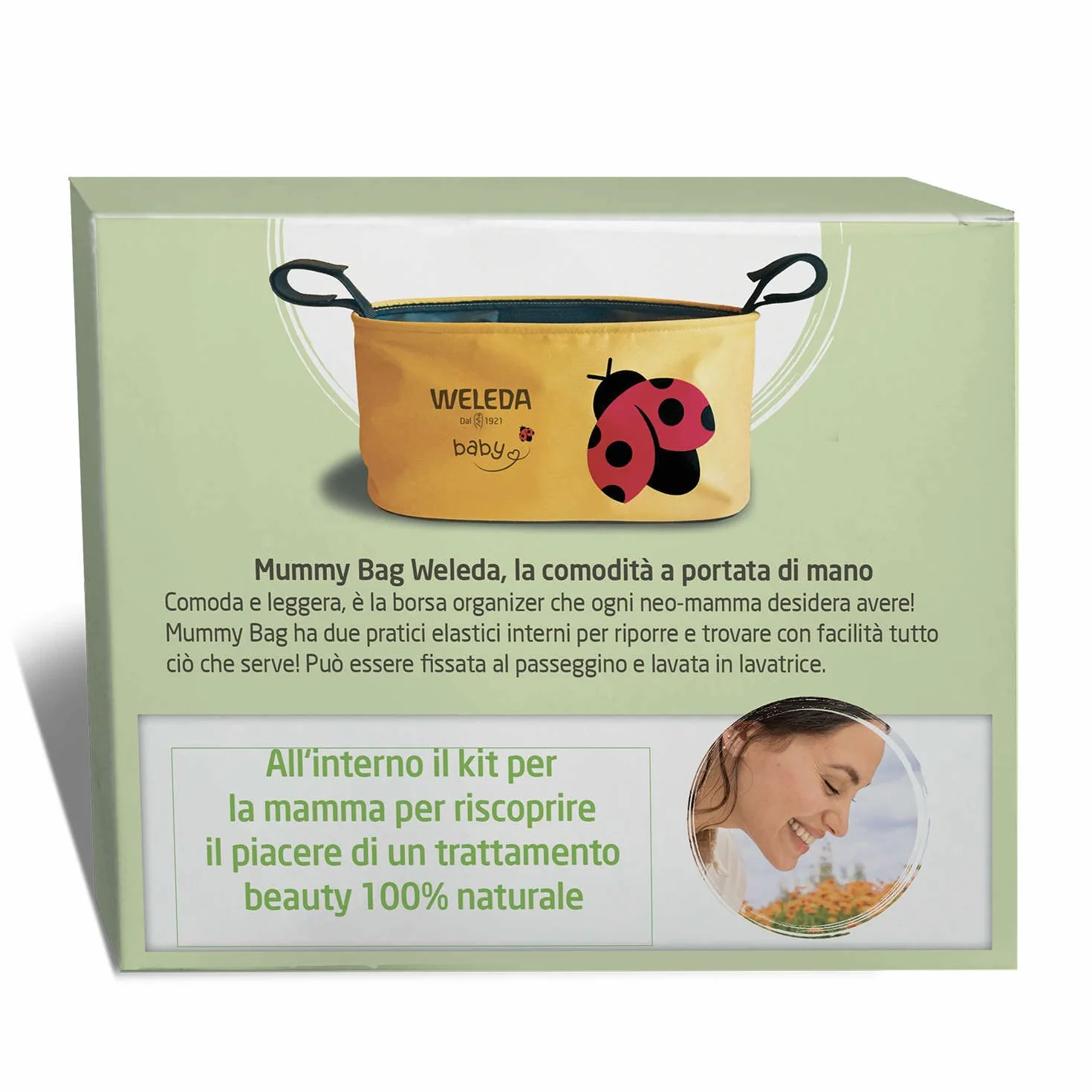 Weleda Mummy Bag, comoda borsa passeggino con kit completo di prodotti cosmetici per la protezione della pelle di neonati e bambini, a base di calendula bio certificata