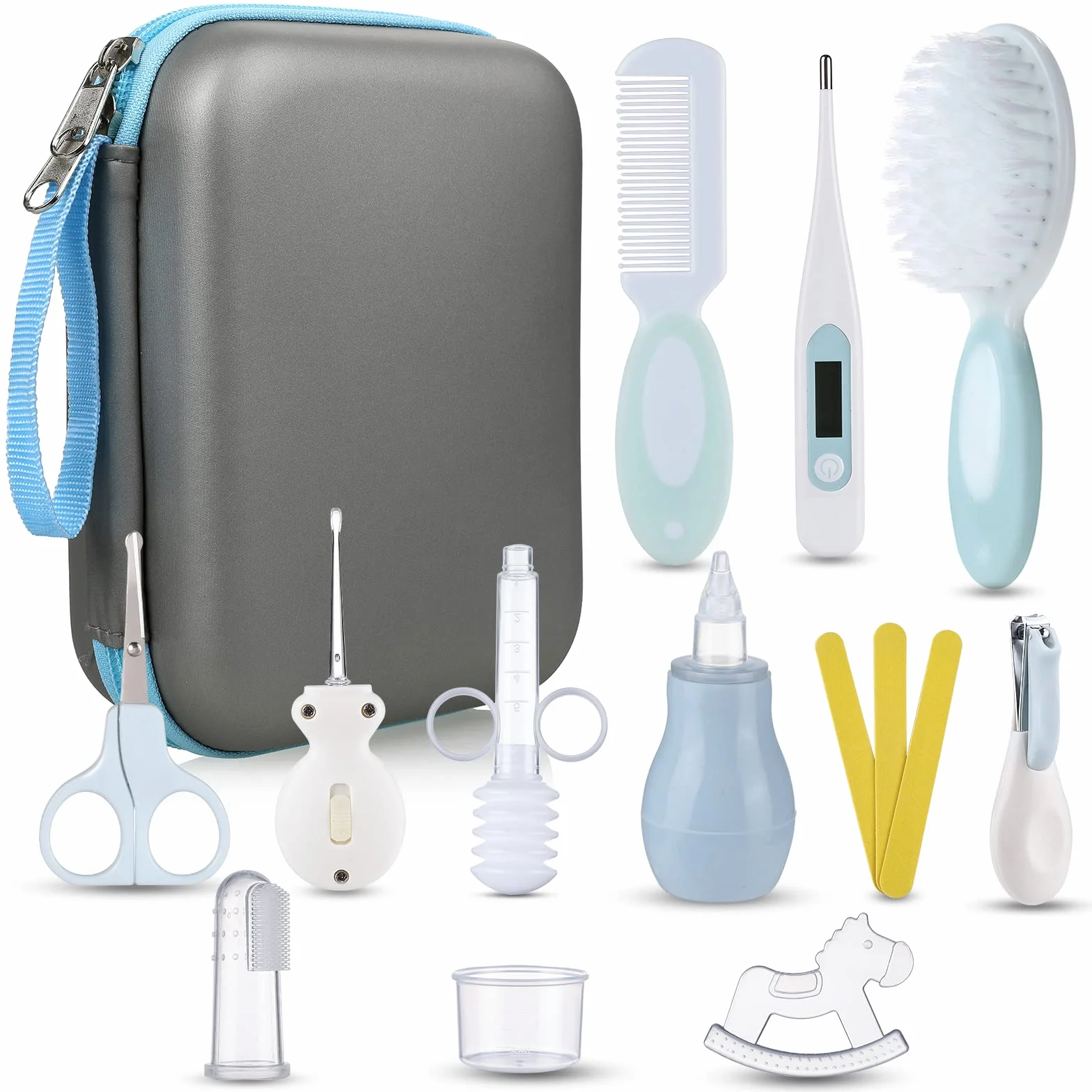 Lictin Set per la Cura del Bambino - Beauty BabyCare con cucchiaio per le orecchie con spazzola e pettine a LED, tagliaunghie e spazzolino da denti per i viaggi e l'uso quotidiano (Blu)