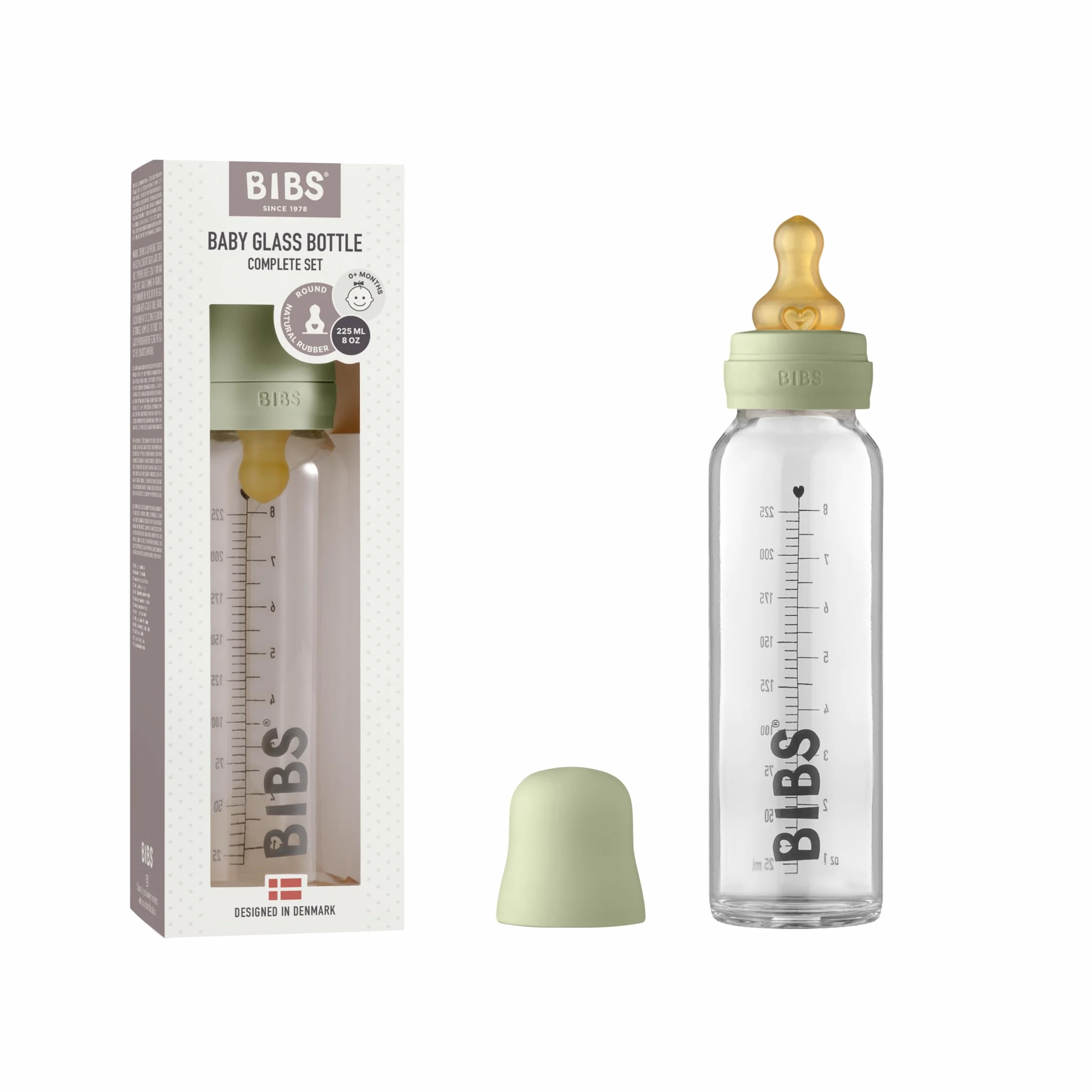 BIBS Baby Glass Bottle 225 ml, riduce le coliche, tettarella rotonda in lattice di gomma naturale, supporta l'allattamento al seno. Set completo – 225 ml, Sage