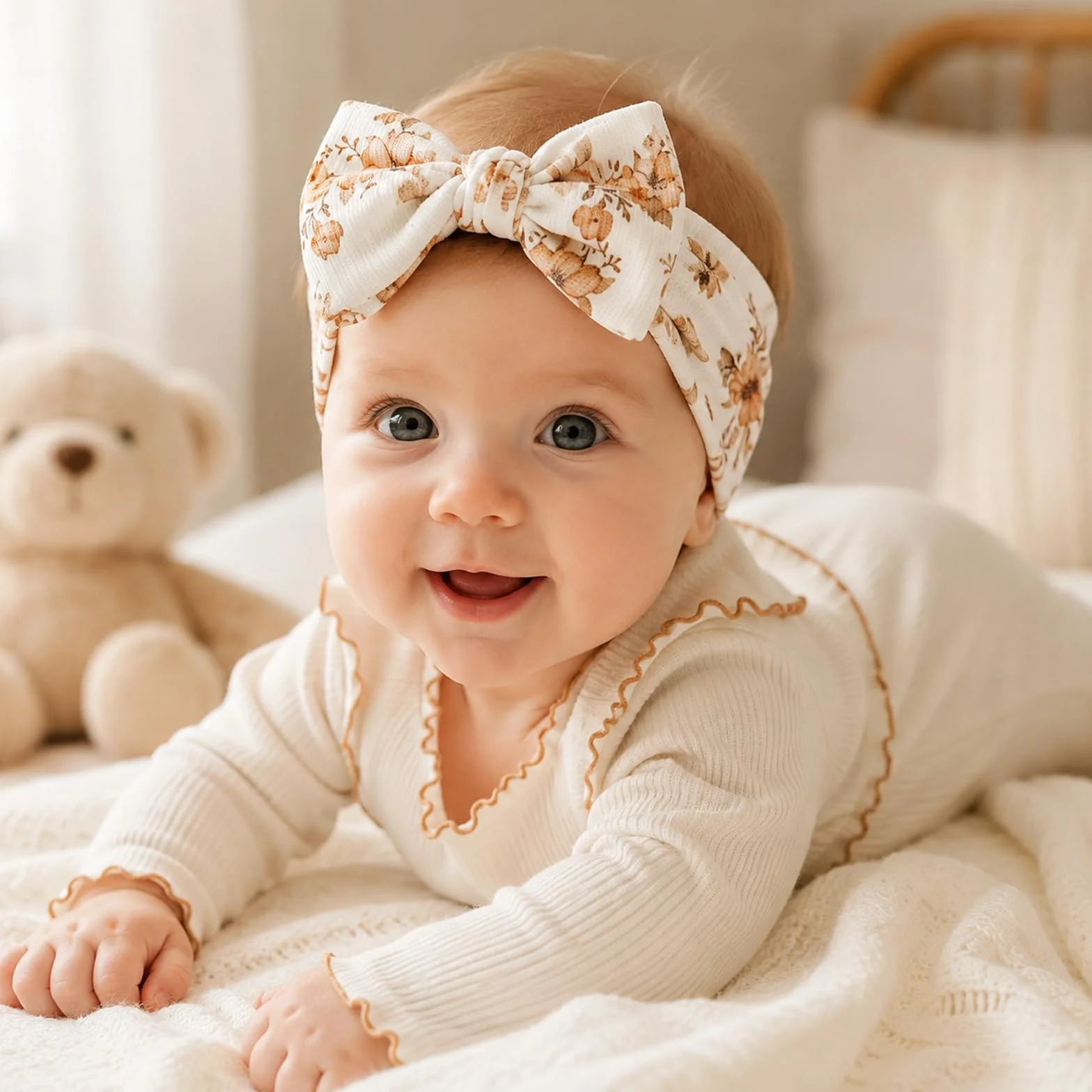 1 Pezzo Fiocco Stampato per Capelli Neonata – Fascia in Cotone Elasticizzato, Per Circonferenza Testa 36-40cm, Morbido Copricapo per 0-3 Anni, Ideale per Uso Quotidiano e Foto