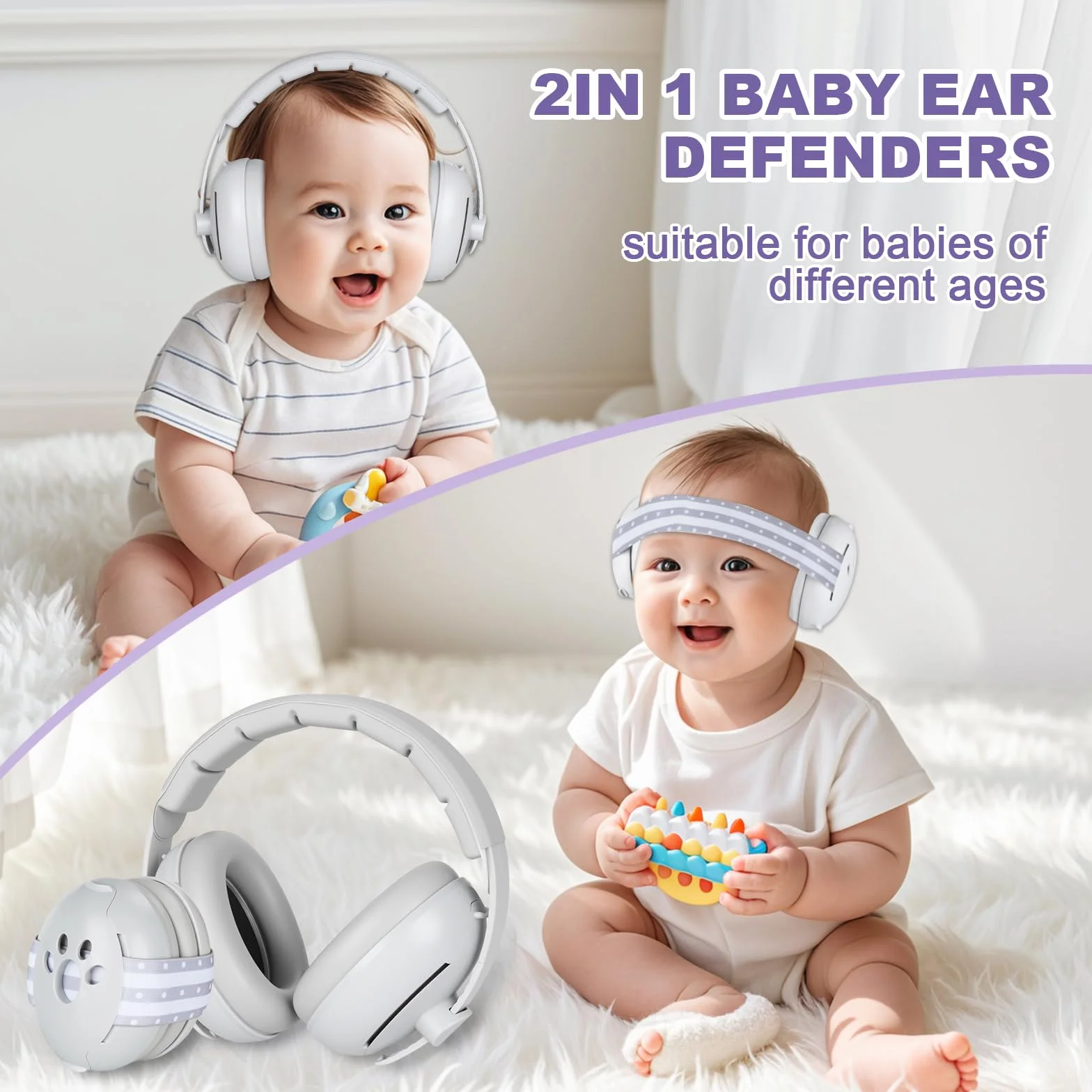 Cuffie Antirumore bambino, 2 in 1 per Neonati da 0 a 36 Mesi e Bambini da 3 a 8 Anni, Elastiche Regolabili, Protezioni Acustiche per Migliorare il Sonno in Viaggio