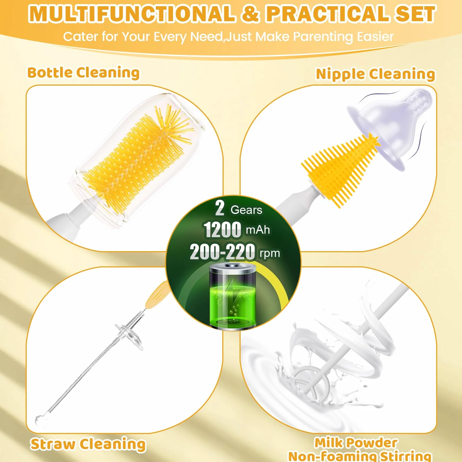 Orzbow Set Scovolino Biberon Elettrico Portatile, Sterilizzatore, Schiumalatte, Spazzola Ciuccio e Cannuccia, Accessori Neonato Utili, Giallo Vibrante