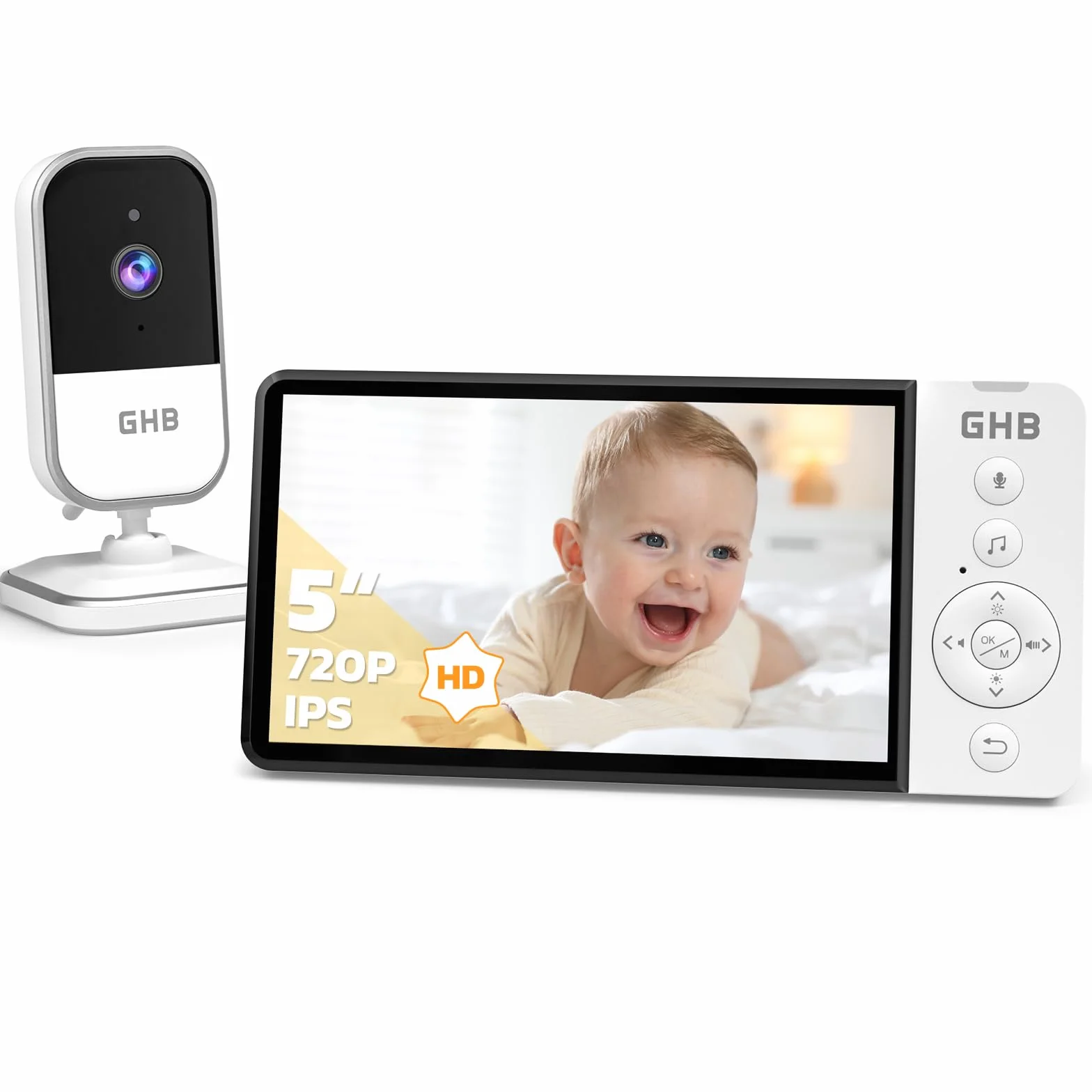 GHB Baby Monitor Video e Audio 5" 720P HD 5000mAh IPS Schermo, Telecamera Bambini con Monitor VOX Visione Notturna Rilevamento della Temperatura