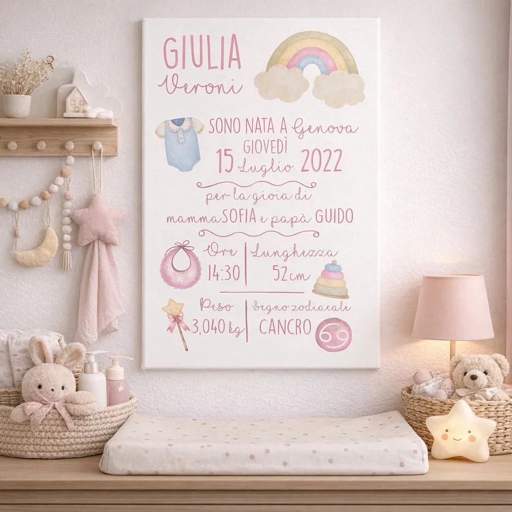 Quadro in Tela - Quadretto Nascita Personalizzato - Idea Regalo Bimba o Bimbo, Neonata o Neonato -Grafica Arcobaleno 20X30cm (Rosa)