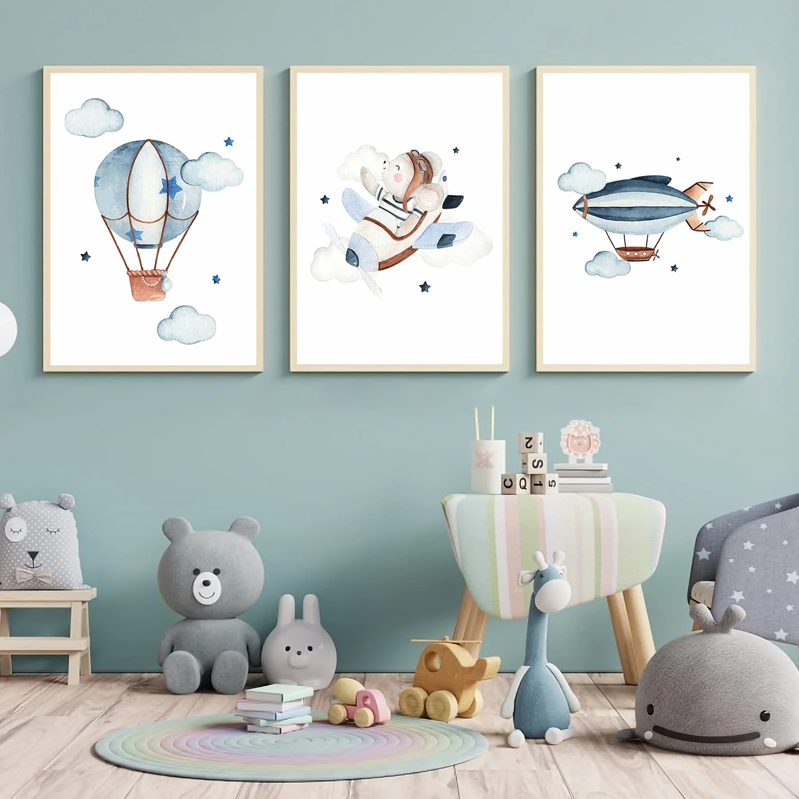 CULASIGN Set di 3 poster per cameretta dei bambini, formato A4, senza cornice, decorazione da parete per bambini, immagini per bambini, auto, aeroplani, palloncini caldi (DEF, 30 x 40 cm)