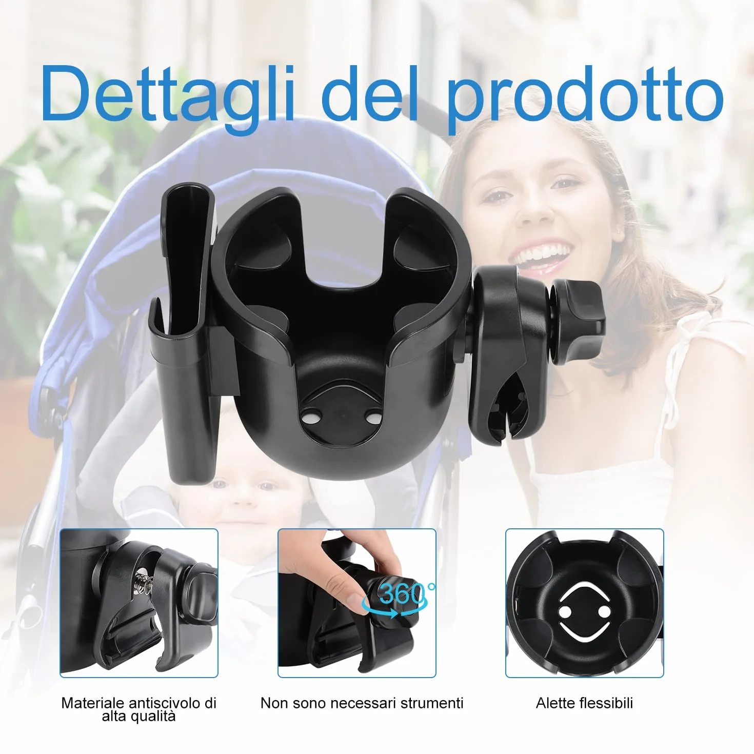 supregear Portabicchieri per Passeggino Universale, Rotazione di 360 Gradi Portabicchieri per Genitori 2-in-1 Portaborraccia Portacellulare per Passeggino Walker Bike, Nero e Senza Attrezzi