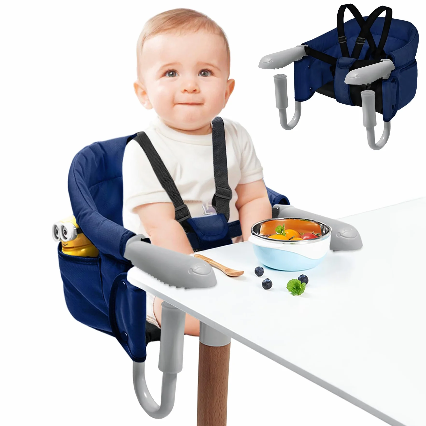 SUBTLETY Seggiolino da tavolo, pieghevole, con borsa per il trasporto, antiscivolo, con morsetti e borsa per la seduta, portatile, per tavolo da 2 a 8 cm di spessore, capacità di carico 15 kg, blu