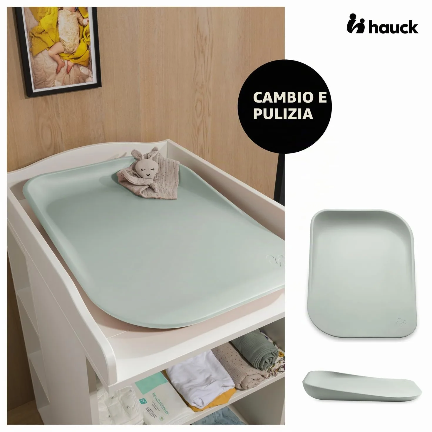 hauck Change N Clean, Verde Salvia - Fasciatoio Neonato 50 x 70 cm con Bordi Rialzati - dalla Nascita fino a 25 kg - Idrorepellente e Facile da Pulire - Privo di Sostanze Nocive