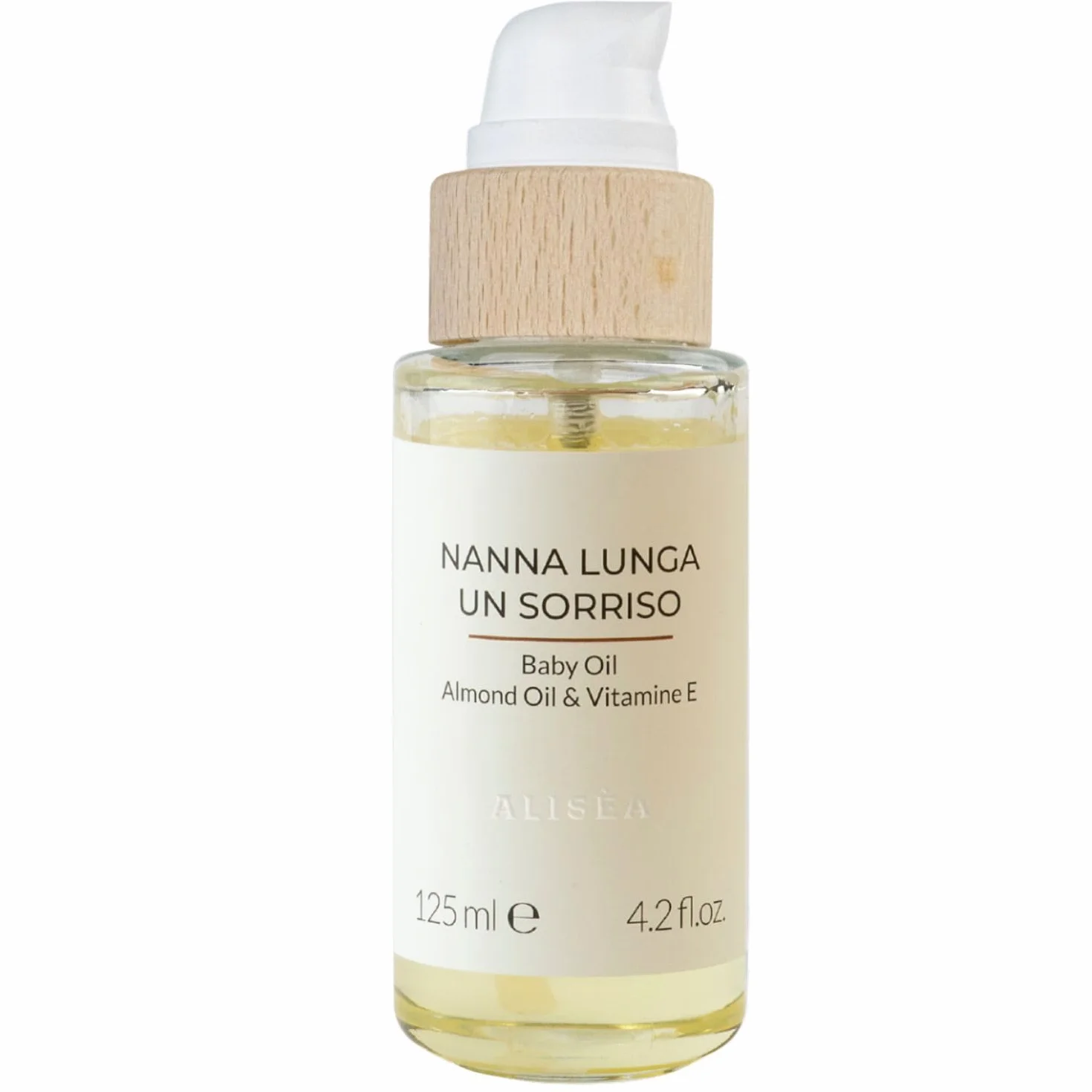 Alisea Parma Nanna Lunga un Sorriso, Olio Nutriente con mandorle dolci e Vitamina E. Per i primi massaggi al neonato, sicuro in gravidanza e alleato contro le smagliature. 125ml.
